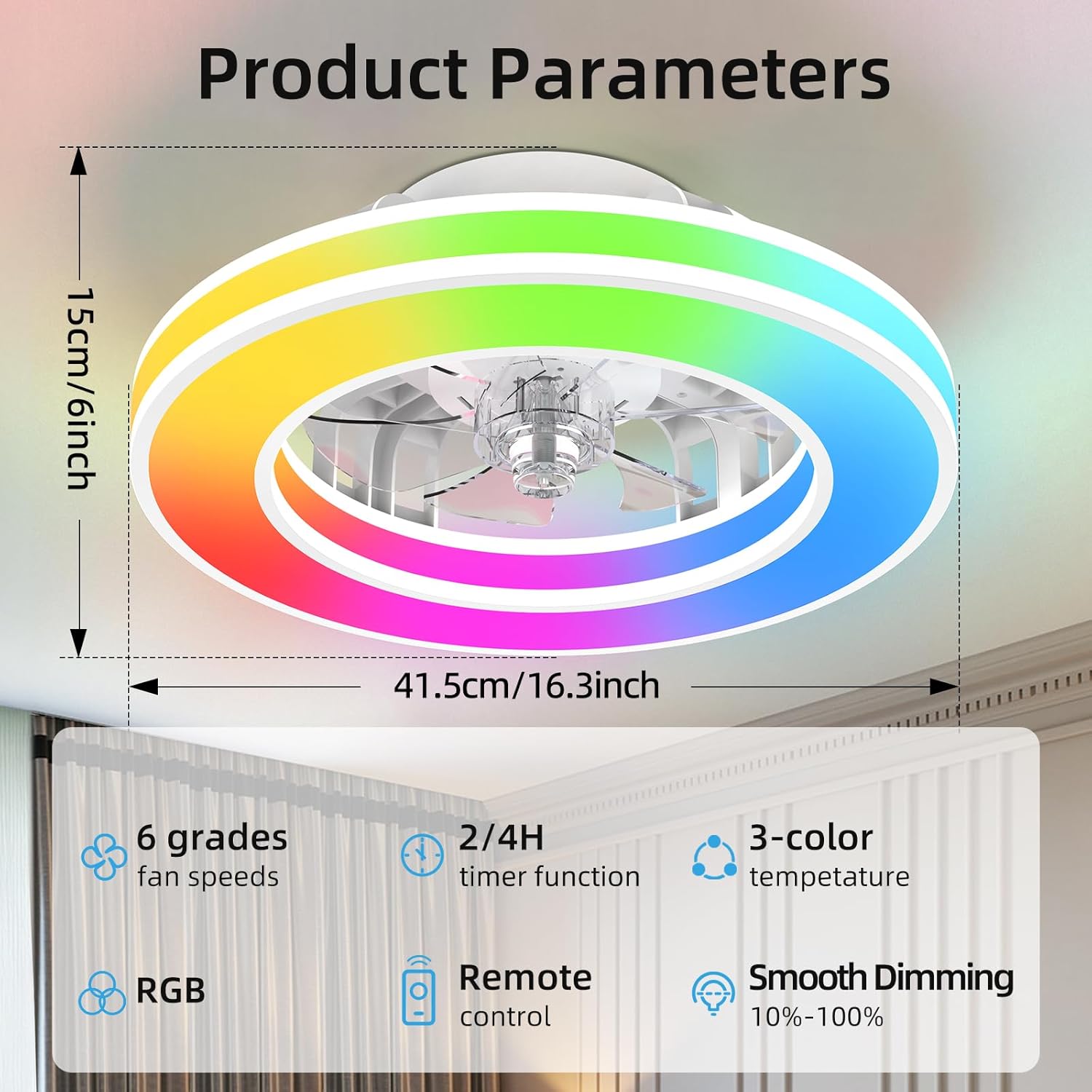 Thumbnail 2 de Ateroll Ceiling Fans with Lights 41.5CM: Quiet, Remote-Controlled LED Ceiling Fan with RGB Lights