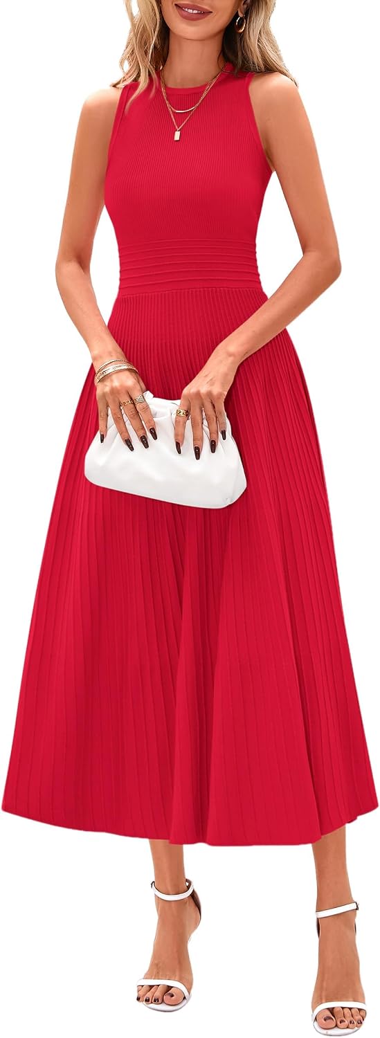 Detalle de PRETTYGARDEN PR930 Women's Pleated Knit Midi Dress, Sleeveless A-Line
