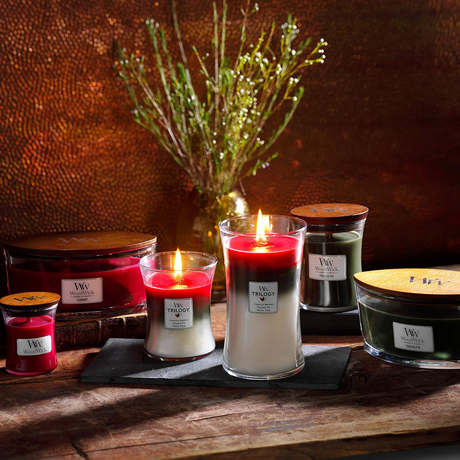 Detalle 2 de WoodWick Trilogy candela profumata a clessidra grande con Pluswick Innovation – Frutti di bosco maturati al sole
