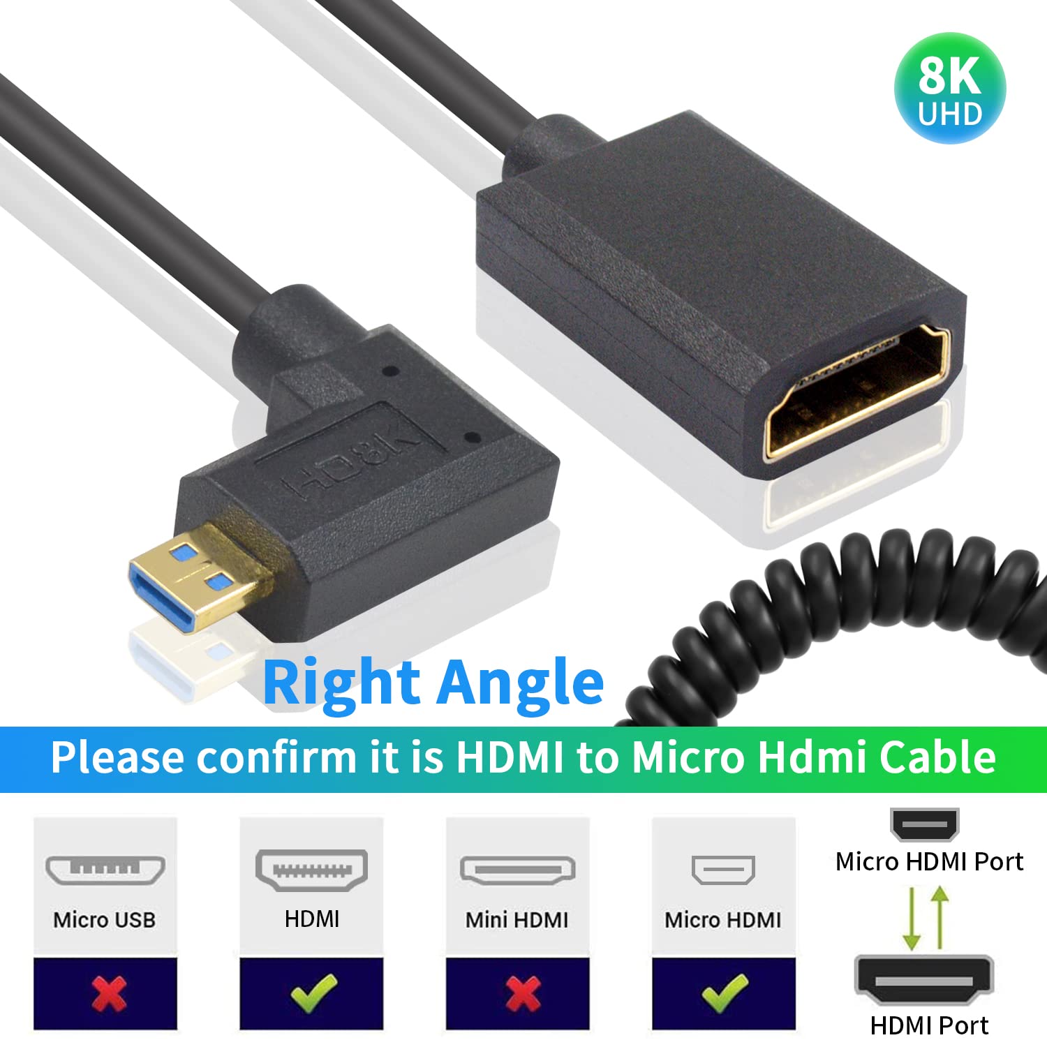 Thumbnail 1 de Duttek 8K 90 Degree Micro HDMI to HDMI Coiled Cable (1.2m) – Right Angle Micro HDMI Male to HDMI Female