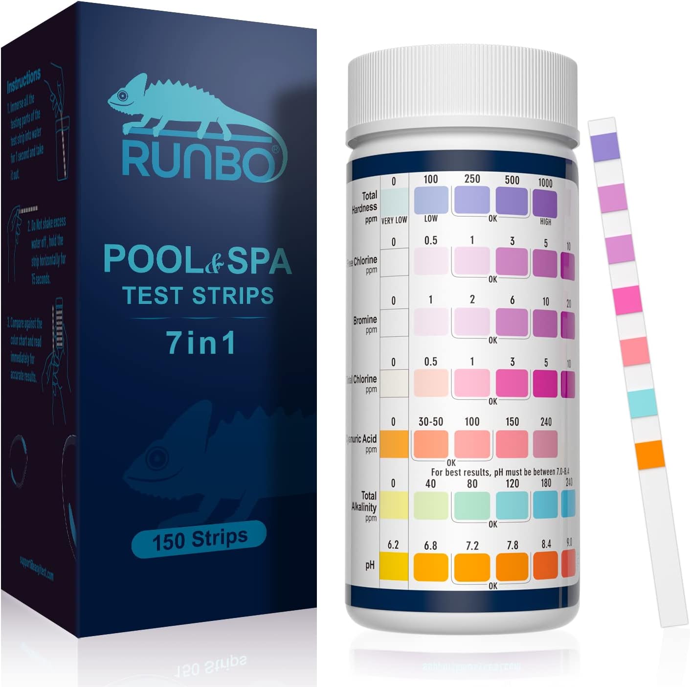 Detalle de RUNBO 7 IN1 Strisce Reattive per Piscine (150 strisce) per bromo, pH, cloro libero e altri parametri