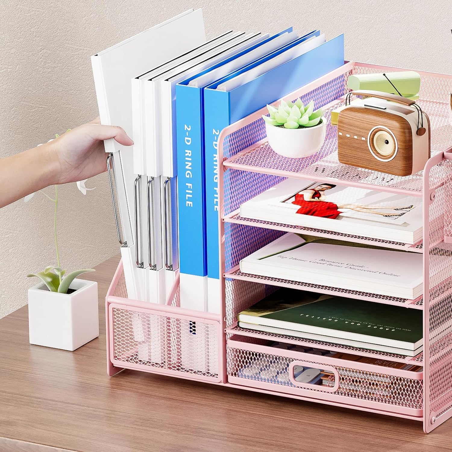 Detalle de Marbrasse Desk Organiser File Holder (5-tier tray, drawer, 2 pen holders) – Pink