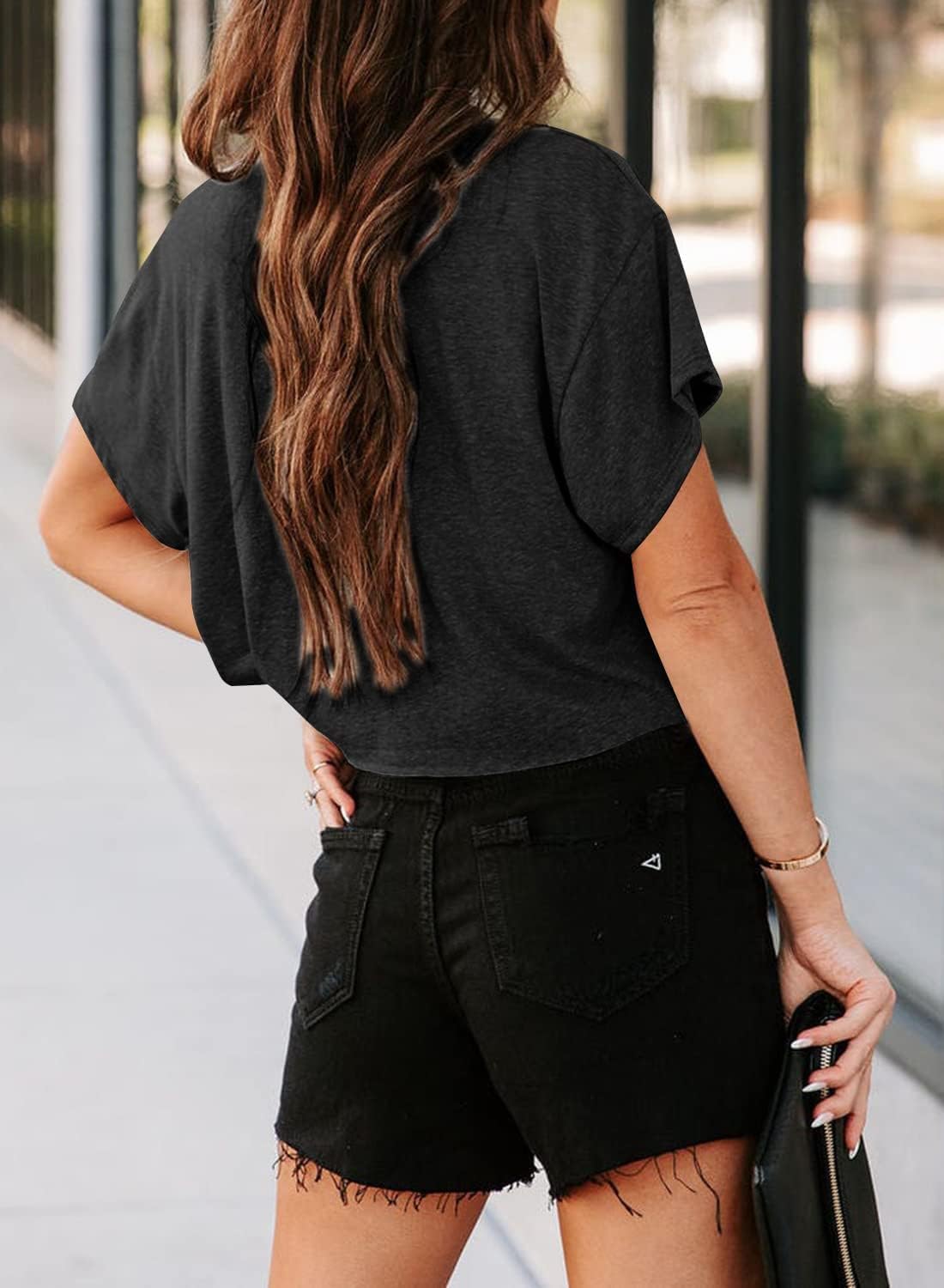 Detalle de Tankaneo Crop Top Damen Oversize – Sommerliches, lockeres Shirt mit Rundhals und überschnittenen Schultern