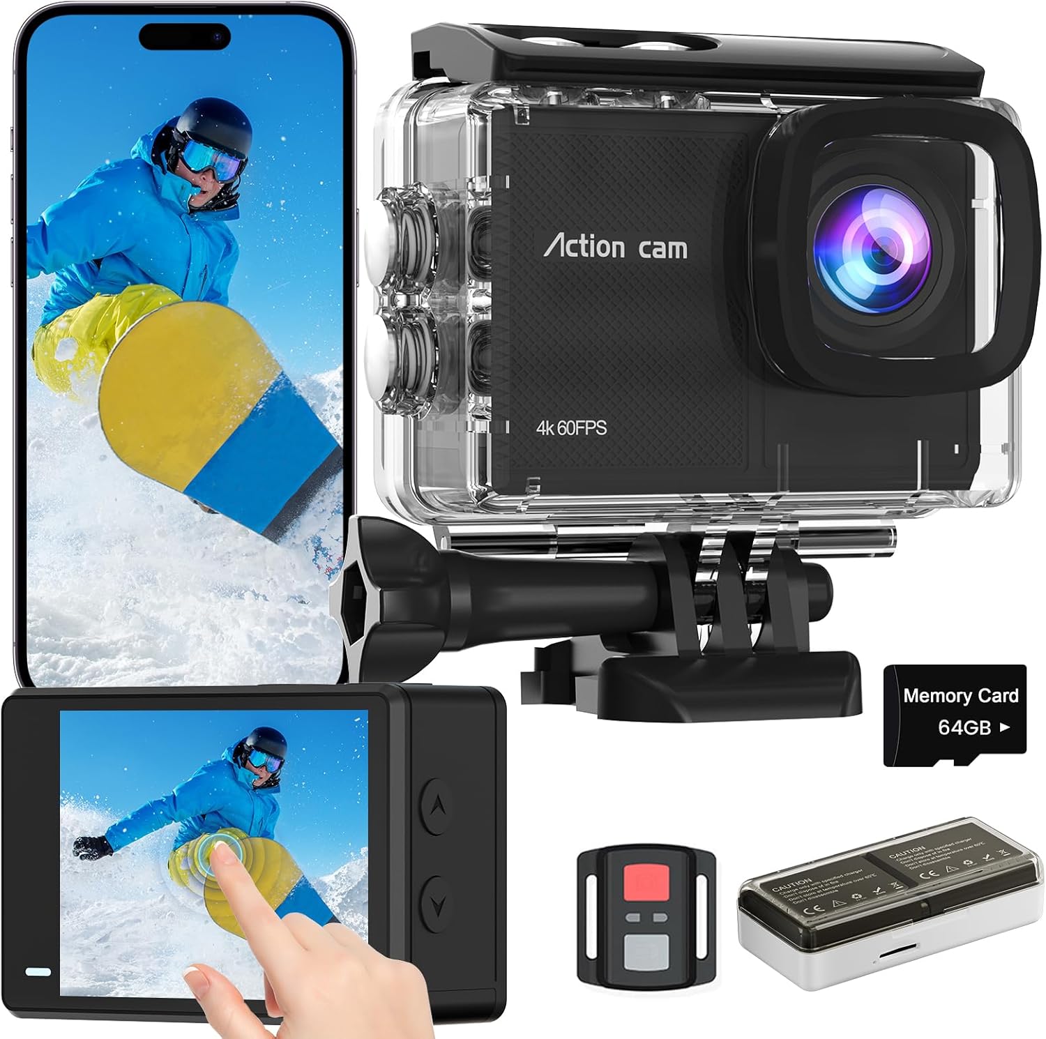 Thumbnail 6 de TIMNUT 4K 60FPS Action Cam – Unterwasserkamera mit 64GB SD Karte, 2x 1350 mAh Akkus und 40 m Wasserdicht