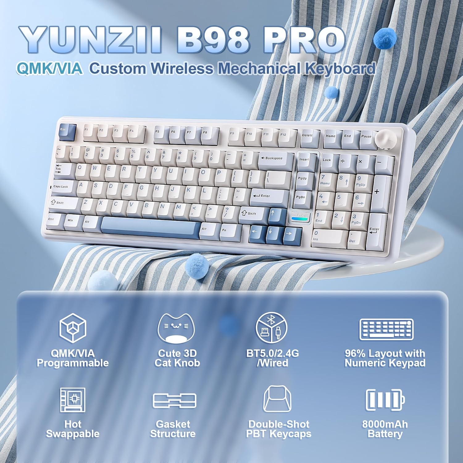 Thumbnail 1 de YUNZII B98 Pro QMK/VIA Wireless Mechanical Gaming Keyboard (96% layout, hot-swap, BT/2.4G/USB-C, cat knob)