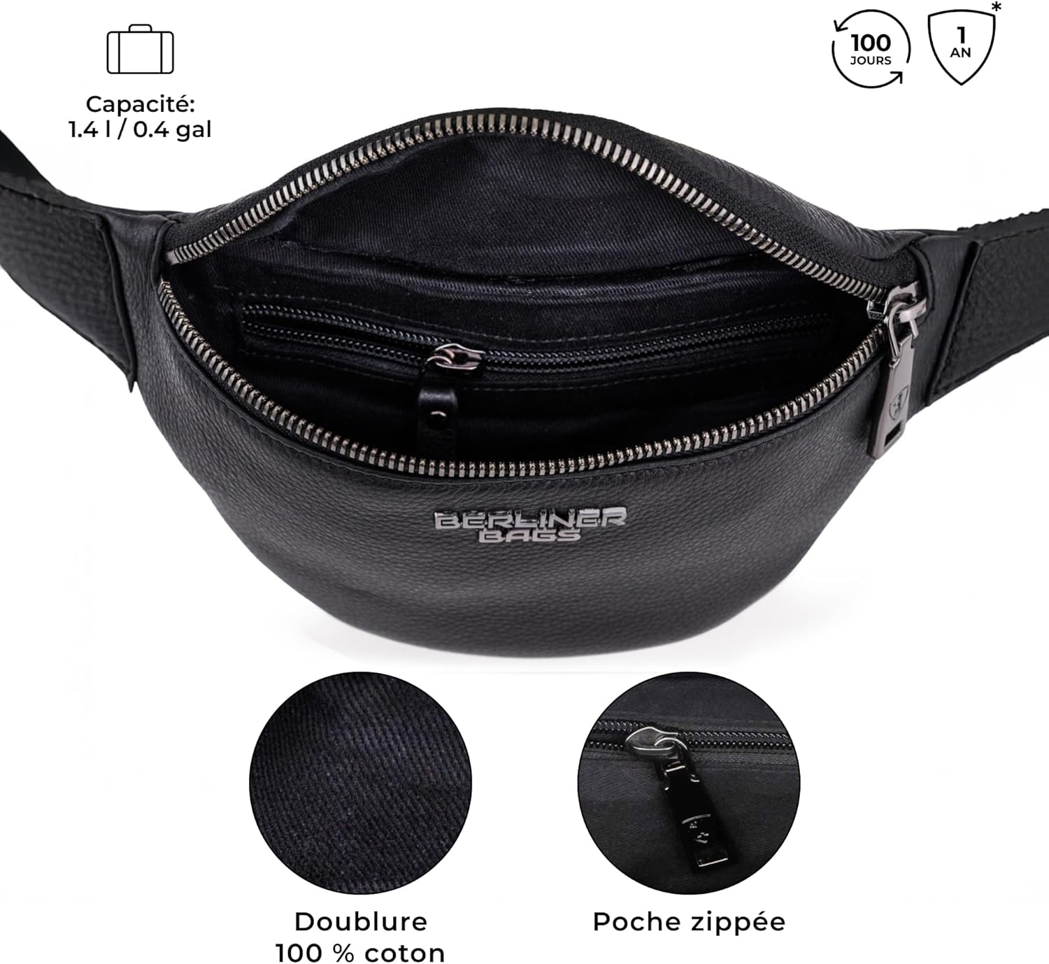 Thumbnail 3 de Berliner Bags Mona banane en cuir avec sangle réglable – noir