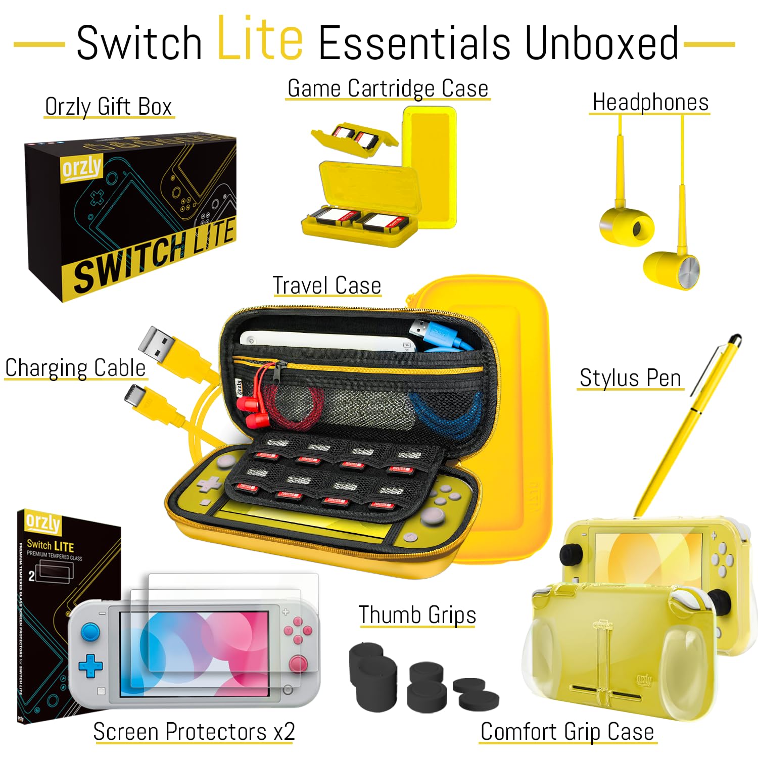 Detalle de ORZLY Switch Lite Zubehör-Set (2019): Tragetasche, Schutzfolien, Comfort Grip, USB-Kabel, Kopfhörer, Patronenhülse & Stylus