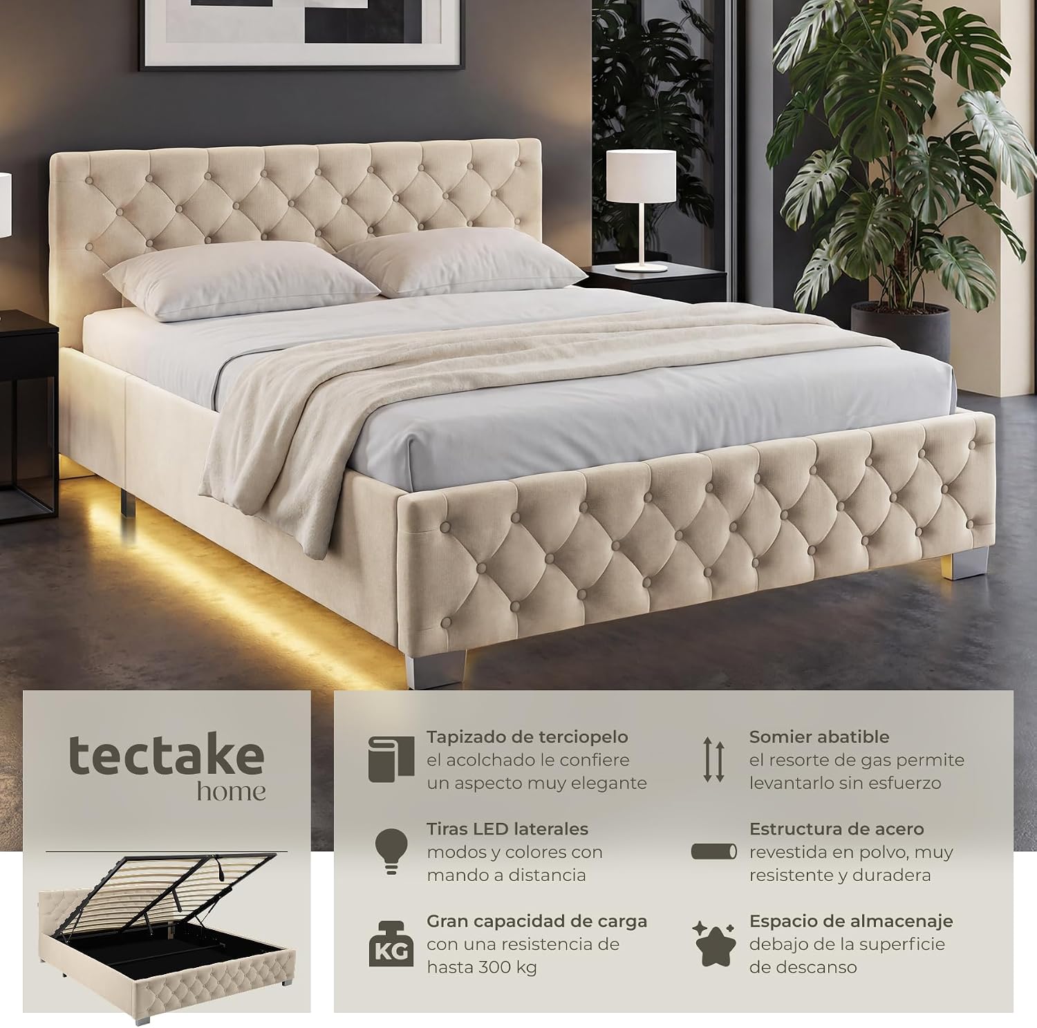 Detalle de tectake® Cama Tapizada Terciopelo 217 x 187,5 cm