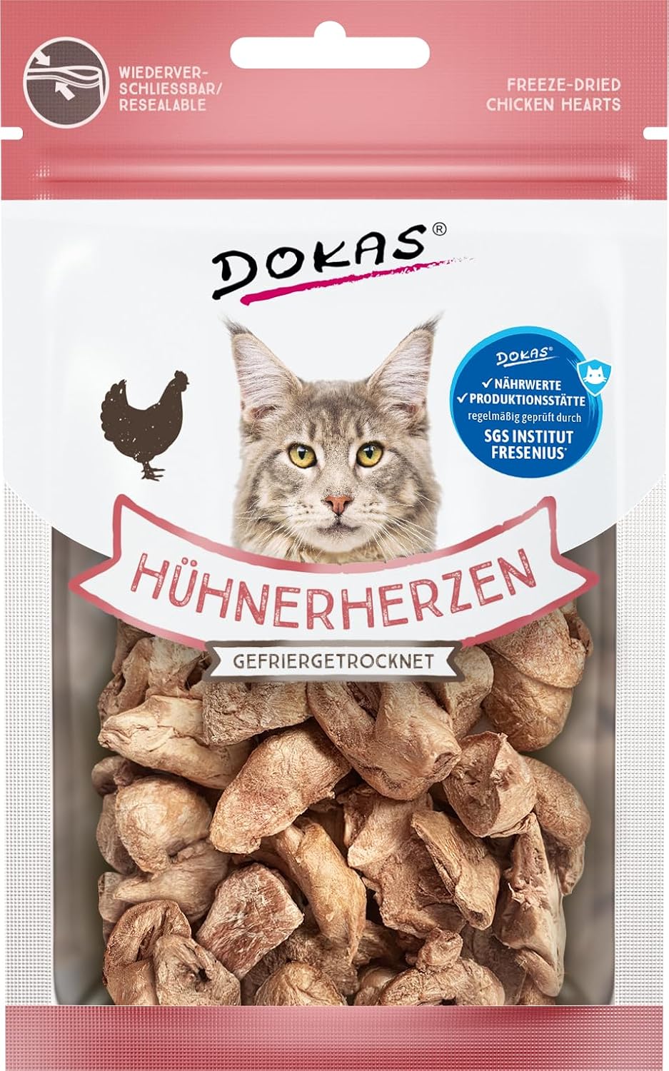 Detalle de DOKAS Gefriergetrocknete Innereien – Premium Katzenbelohnung, Hühnerherzen, getreidefrei, 6 x 15 g