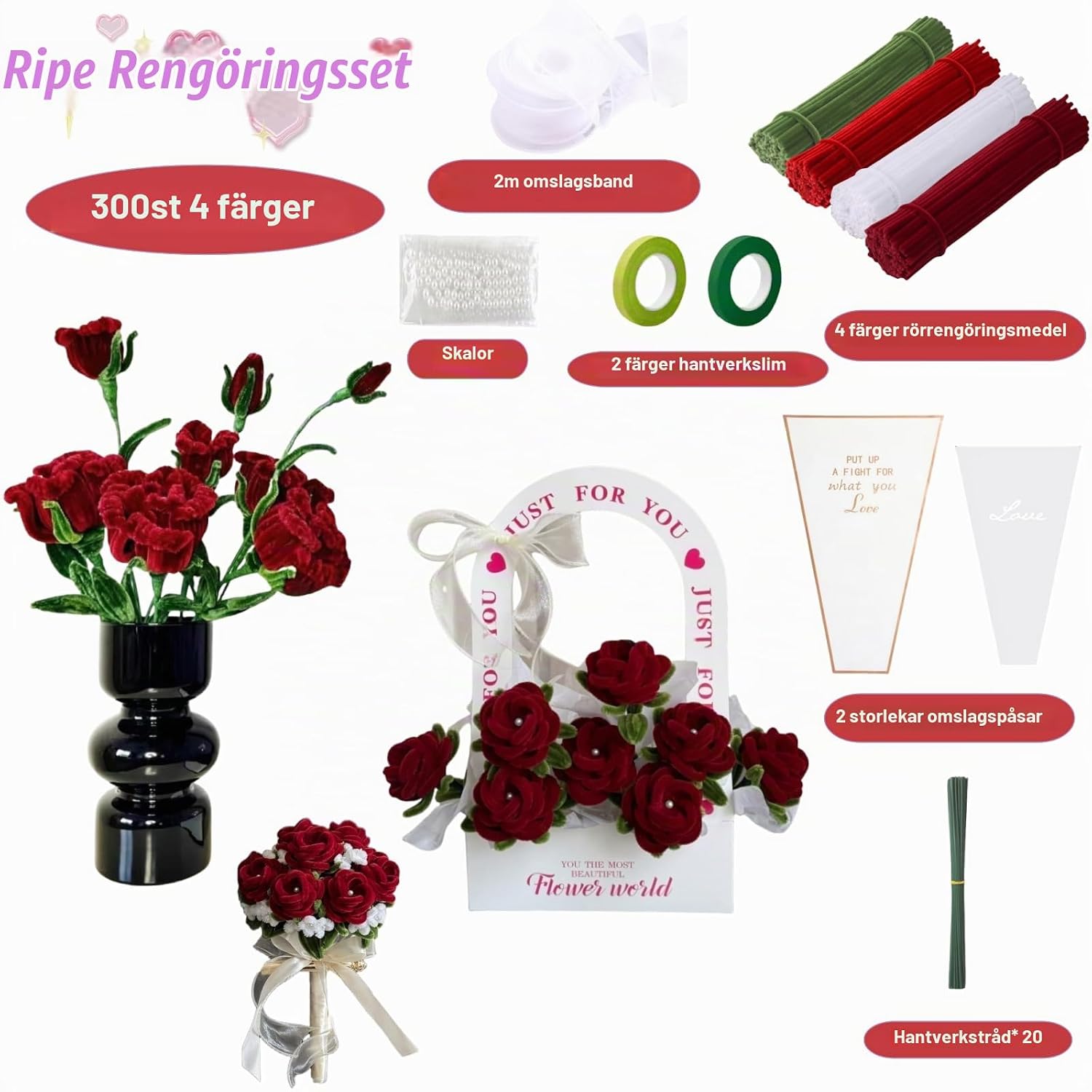 Thumbnail 1 de FINEVERNEK pysselset med piprensare för blombuketter, band och pärlor