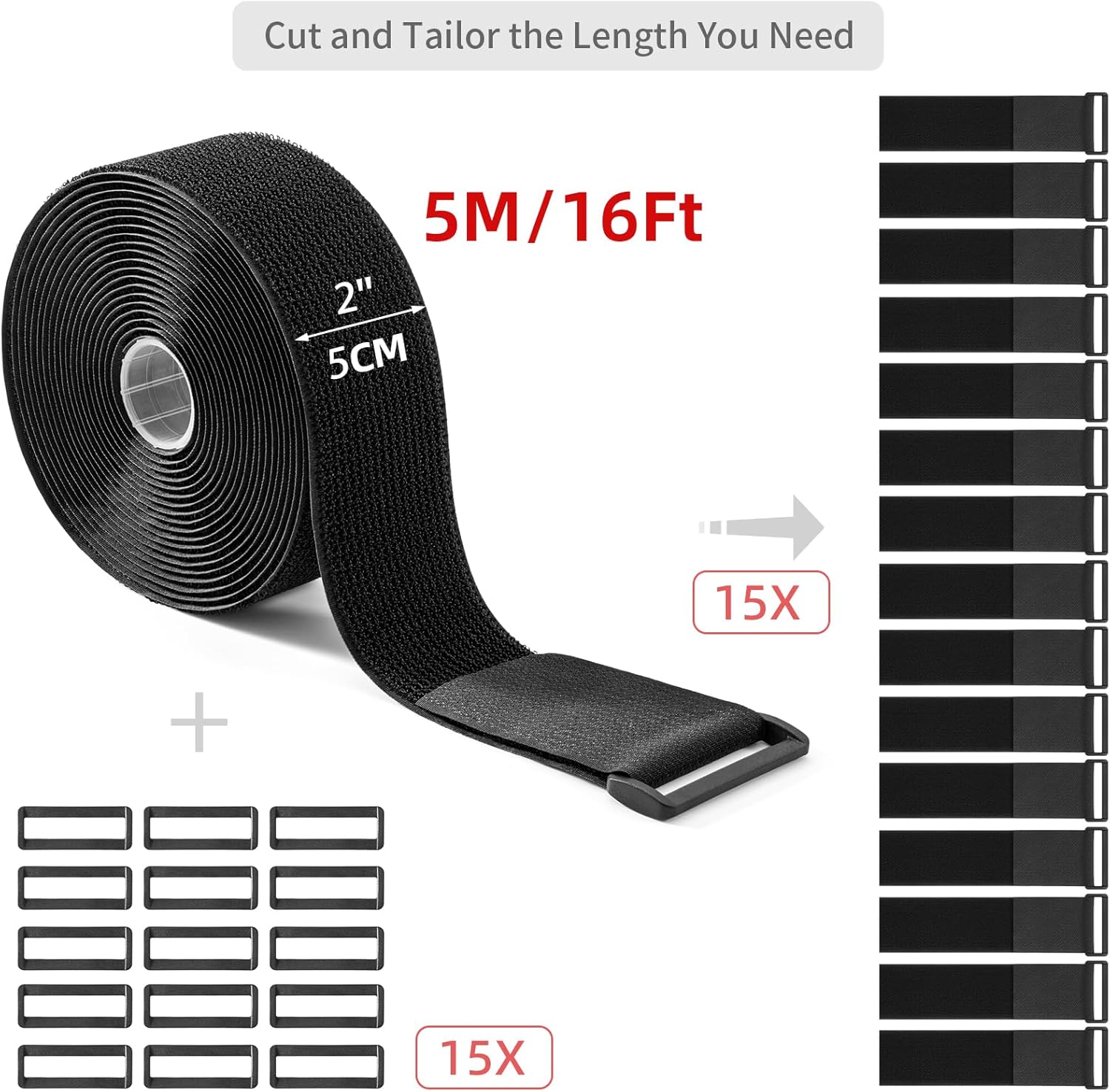 Thumbnail 1 de Trilancer 5cm x 5m Heavy Duty Hook and Loop Straps with 15 Buckles – Adjustable, Cut-to-Length and Reusable Cinch Straps