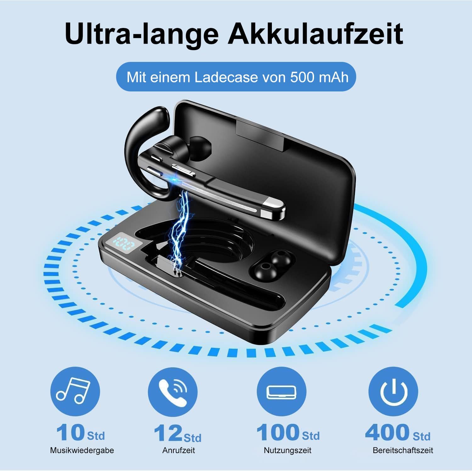 Detalle de Headset Bluetooth 6.1 mit CVC8.0 Doppelmikrofon – In Ear, 100 Std Akkulaufzeit, LED-Ladebox