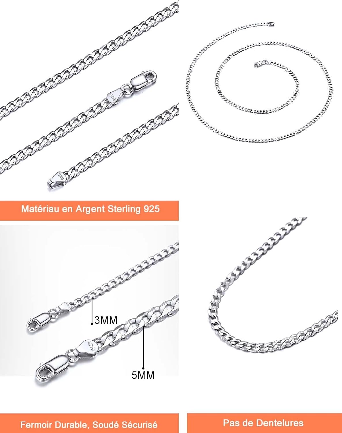 Detalle 2 de Silvora collier argent massif 925 3 mm