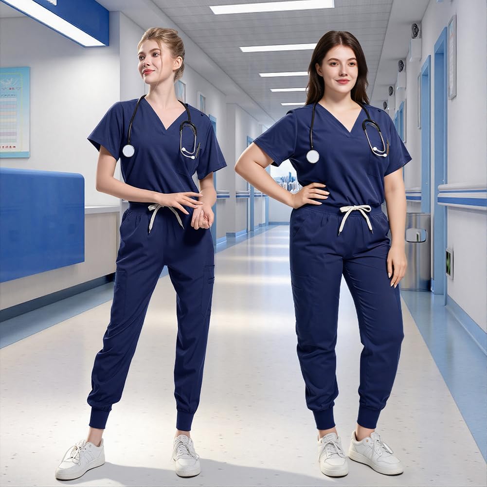 Detalle de BSBUY medisch uniform in marineblauw, stretchstof en broek met zakken