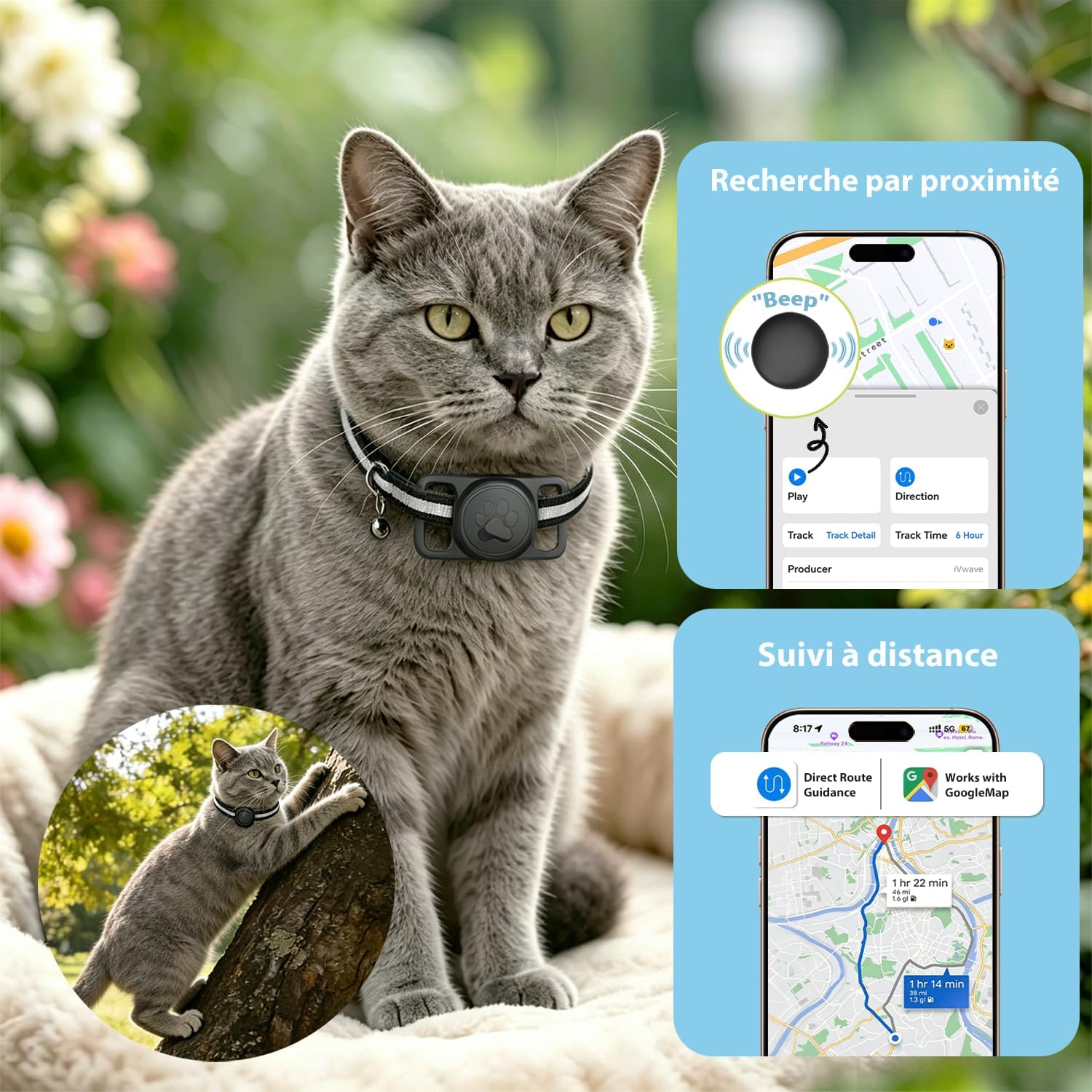 Detalle 2 de Rayibmi 2026 Collier GPS Chat sans Abonnement – Suivi fiable et léger pour chats et petits chiens