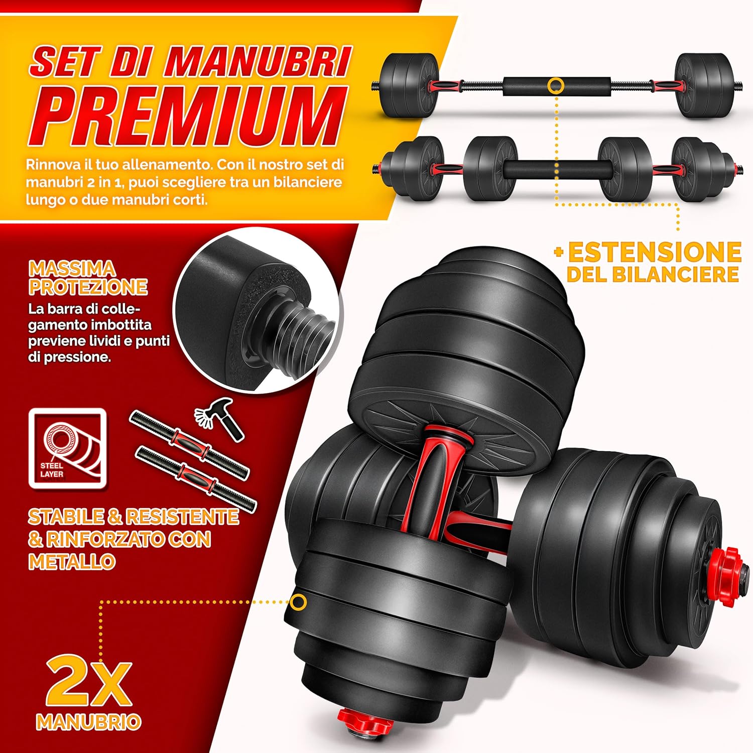 Detalle de RE:SPORT Set di manubri regolabili 2 in 1 15–40 kg con raccordo 300 mm
