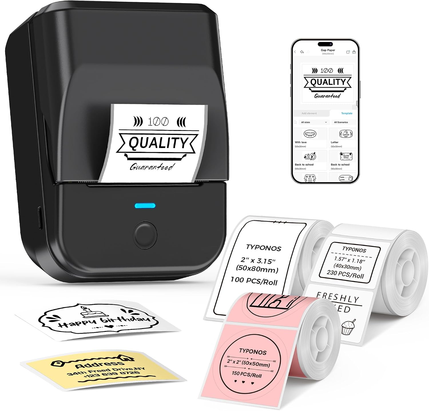 Detalle de TYPONOS PM240 Bluetooth Thermal Label Maker, 203 DPI, 3 Label Rolls