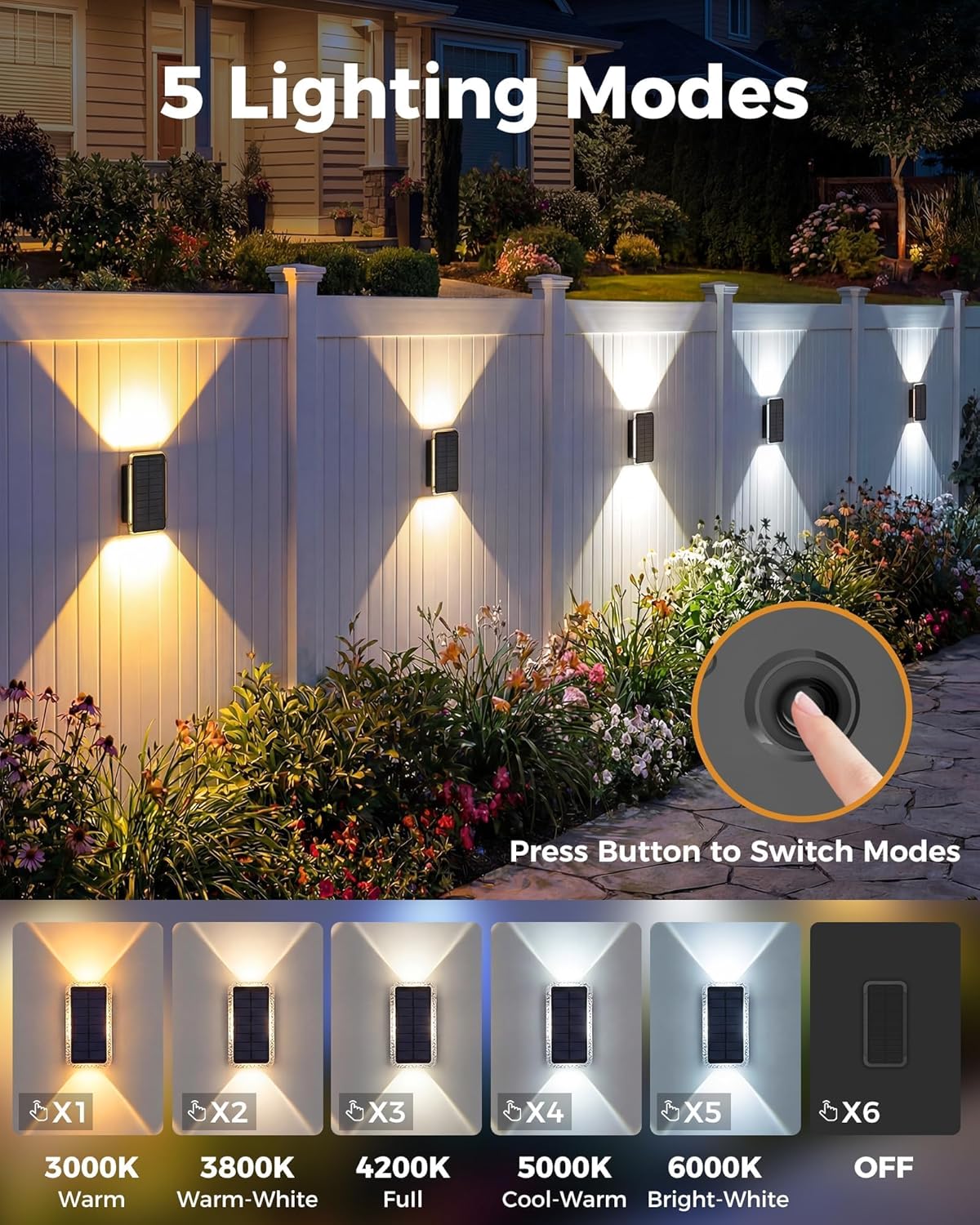 Thumbnail 2 de Vighep Solar Fence Lights Outdoor Garden (4 Pack) Up & Down Wall Lights with 5 Colour Temperatures