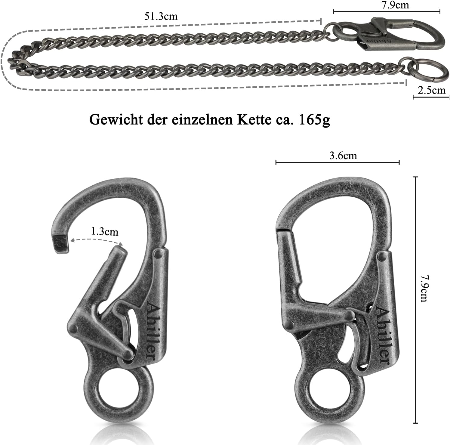 Thumbnail 2 de Ahiller Chaîne de Portefeuille pour Homme – mousqueton renforcé et chaîne en acier inoxydable, Gris acier QK-1P