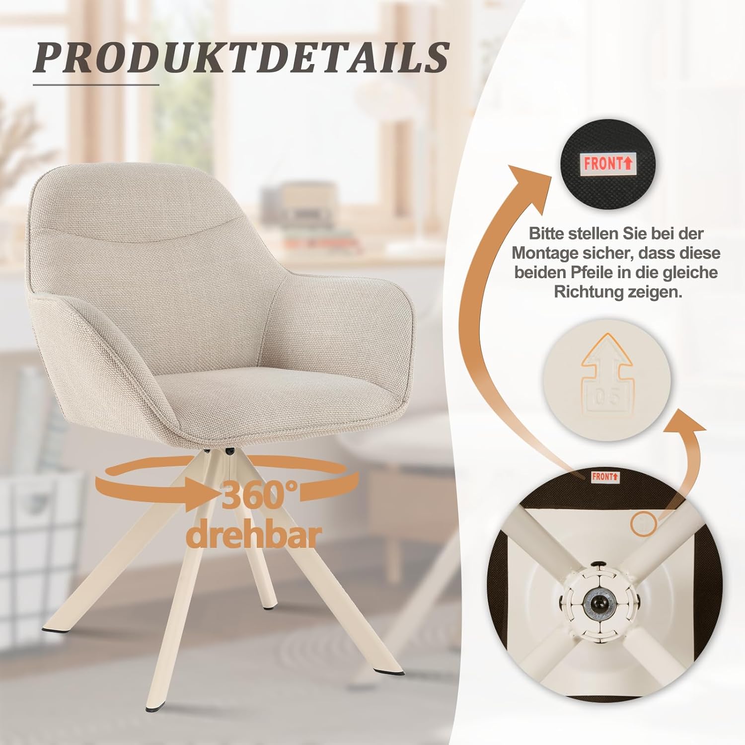 Detalle de Goeurvant Sedia da pranzo beige con bracciolo – set da 6 sedie girevoli, imbottite in poliestere