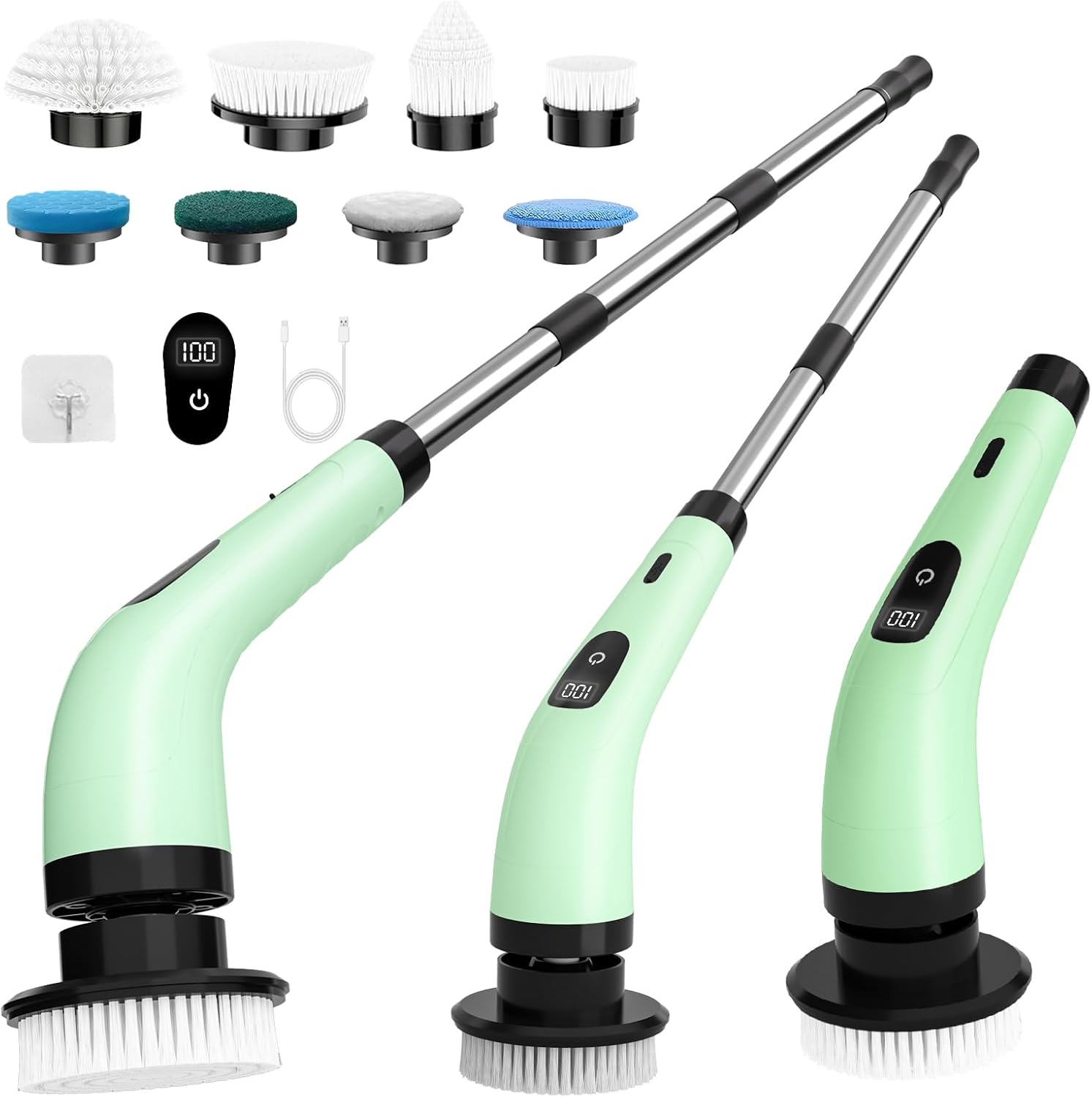 Detalle de SINZUX Electric Spin Scrubber with 8 Replaceable Heads, LED Display and Adjustable Extension Handle (Green)