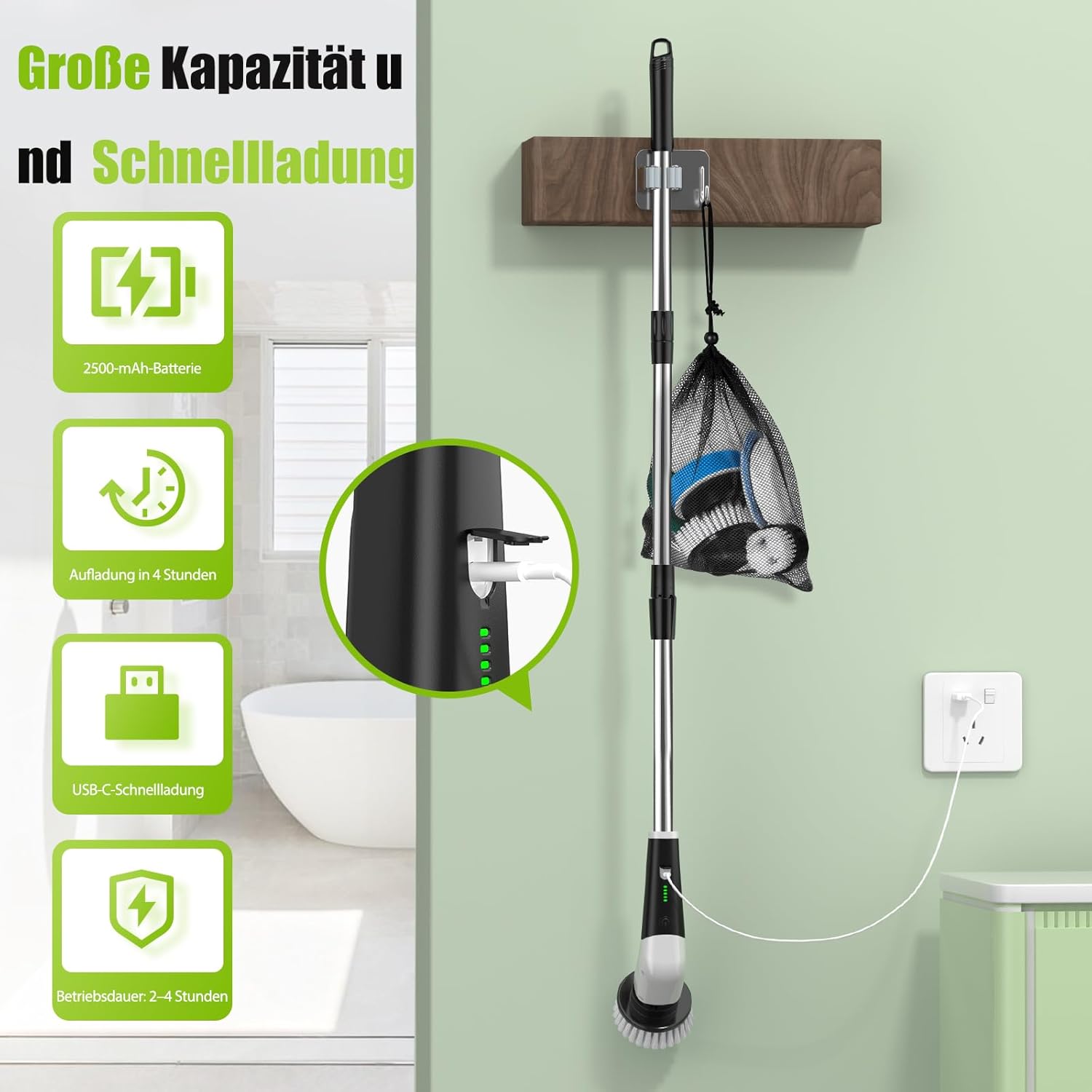 Thumbnail 6 de YKYI Elektrische Reinigungsbürste mit 8 Aufsätzen (IPX7, Teleskopstiel, USB‑C)