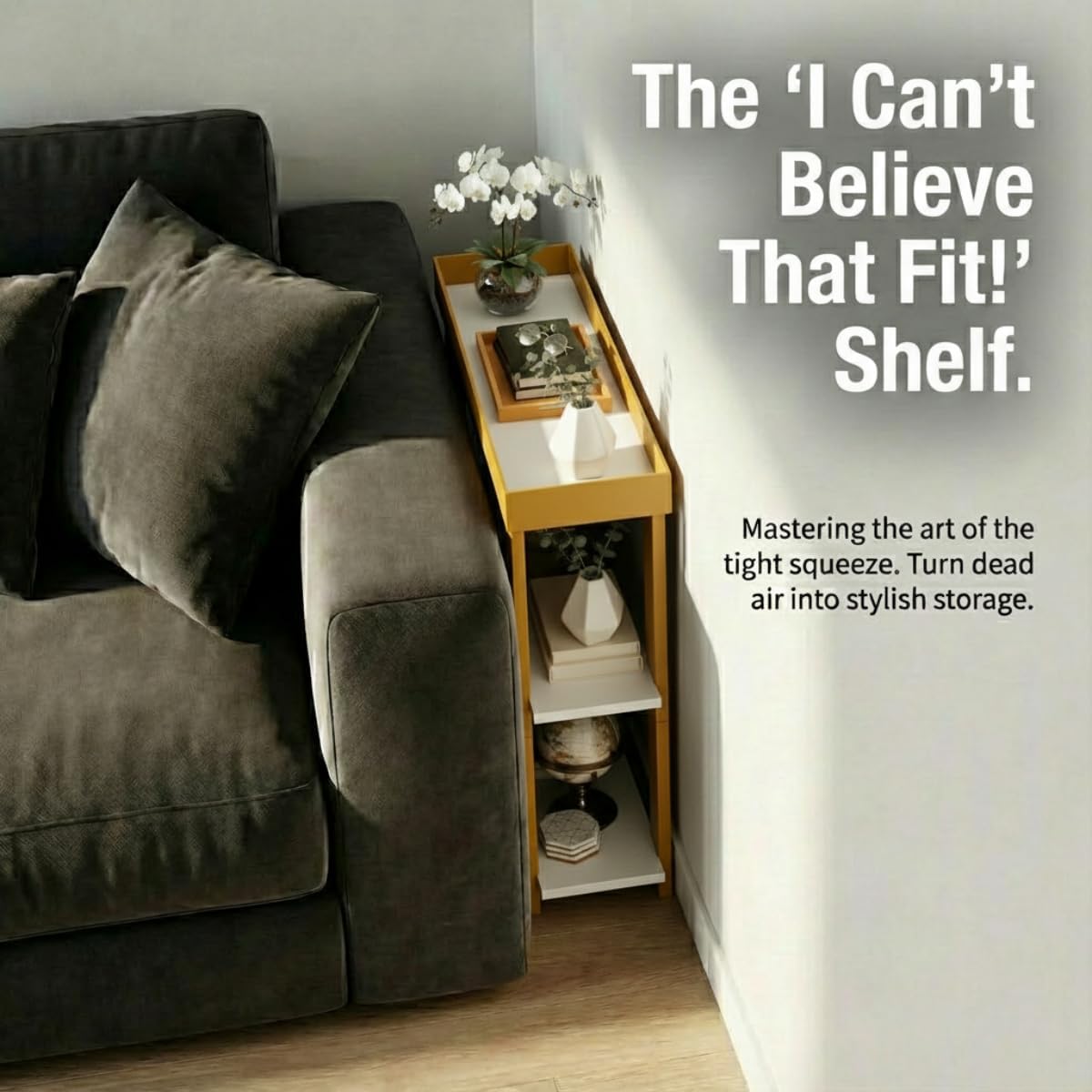 Thumbnail 4 de Modern 3-Tier Gold Side Table with White Tray Top Shelves – Slim, Multifuntional Nook Table for Small Spaces