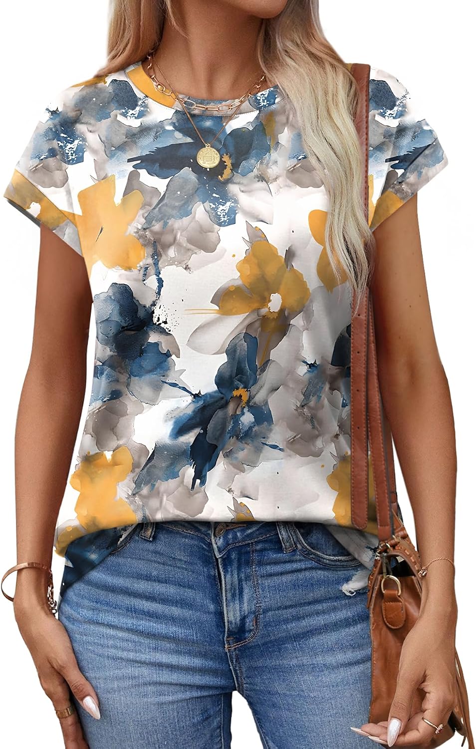 Thumbnail 1 de Aokosor Womens Summer Floral Printed Short Sleeve Crew Neck Blouse – Versatile UK-Style Top