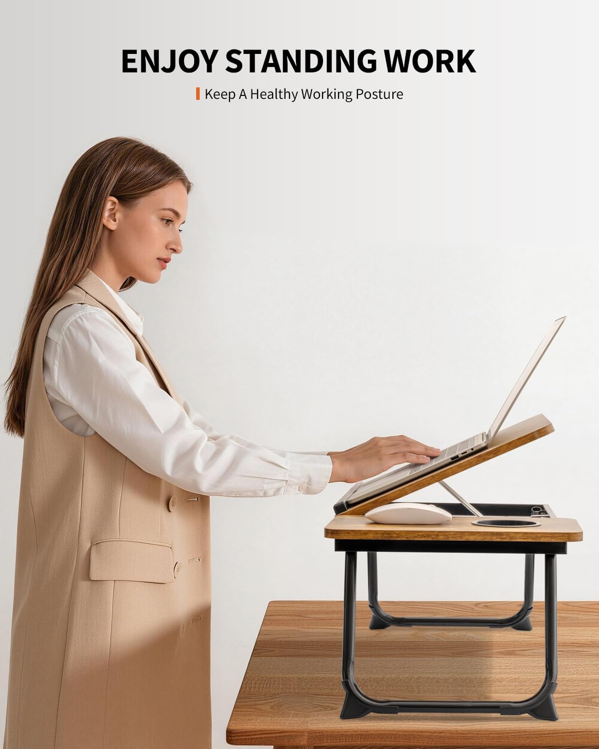Thumbnail 5 de FISYOD FIS02 Foldable Laptop Desk, Adjustable Split Top, Cup Holder, Brown