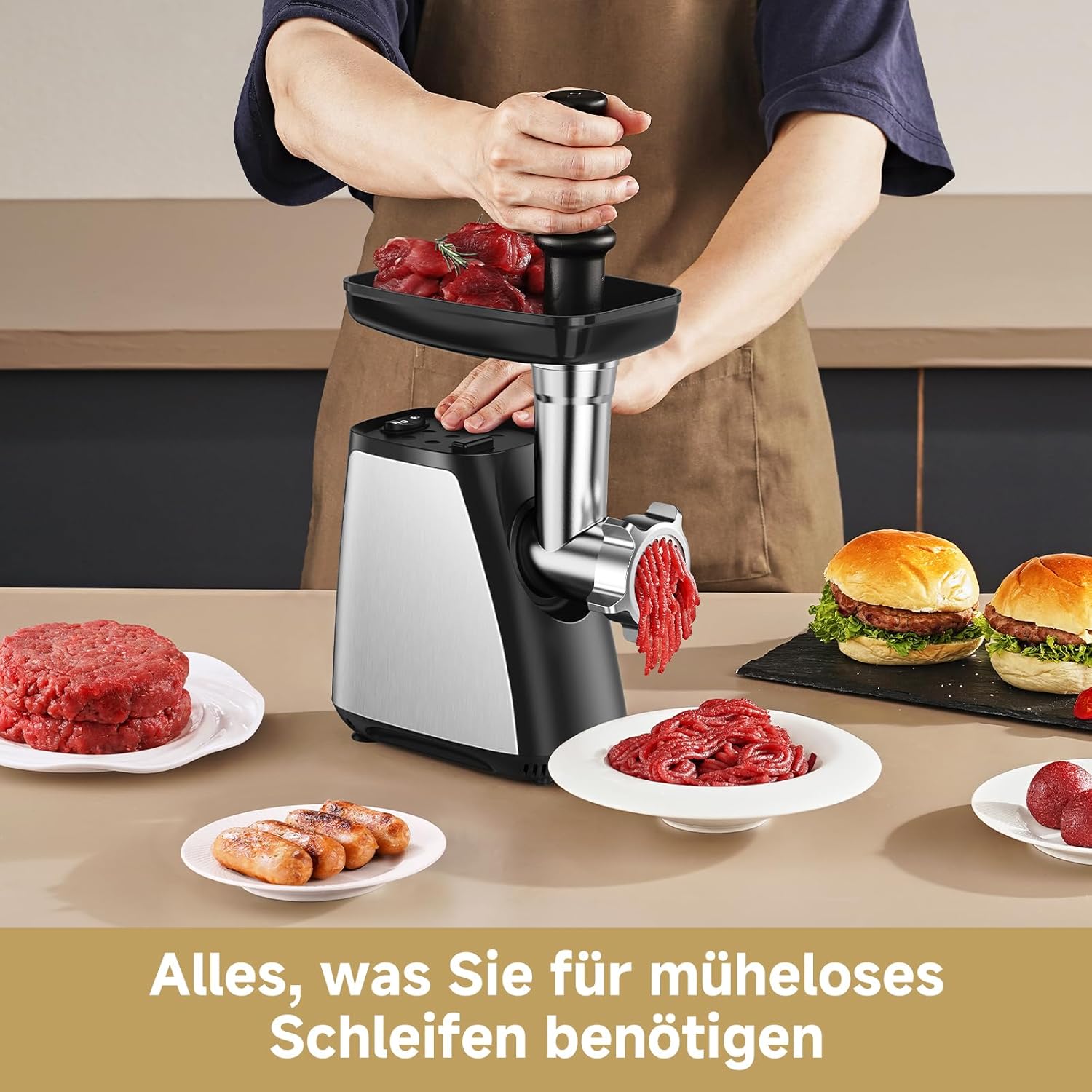 Thumbnail 1 de AAOBOSI Fleischwolf 3-in-1 Elektrischer Fleischwolf – 2800 W max, 2 Klingen, 3 Platten, Wurstfüller und Kubbe-Kit aus Edelstahl