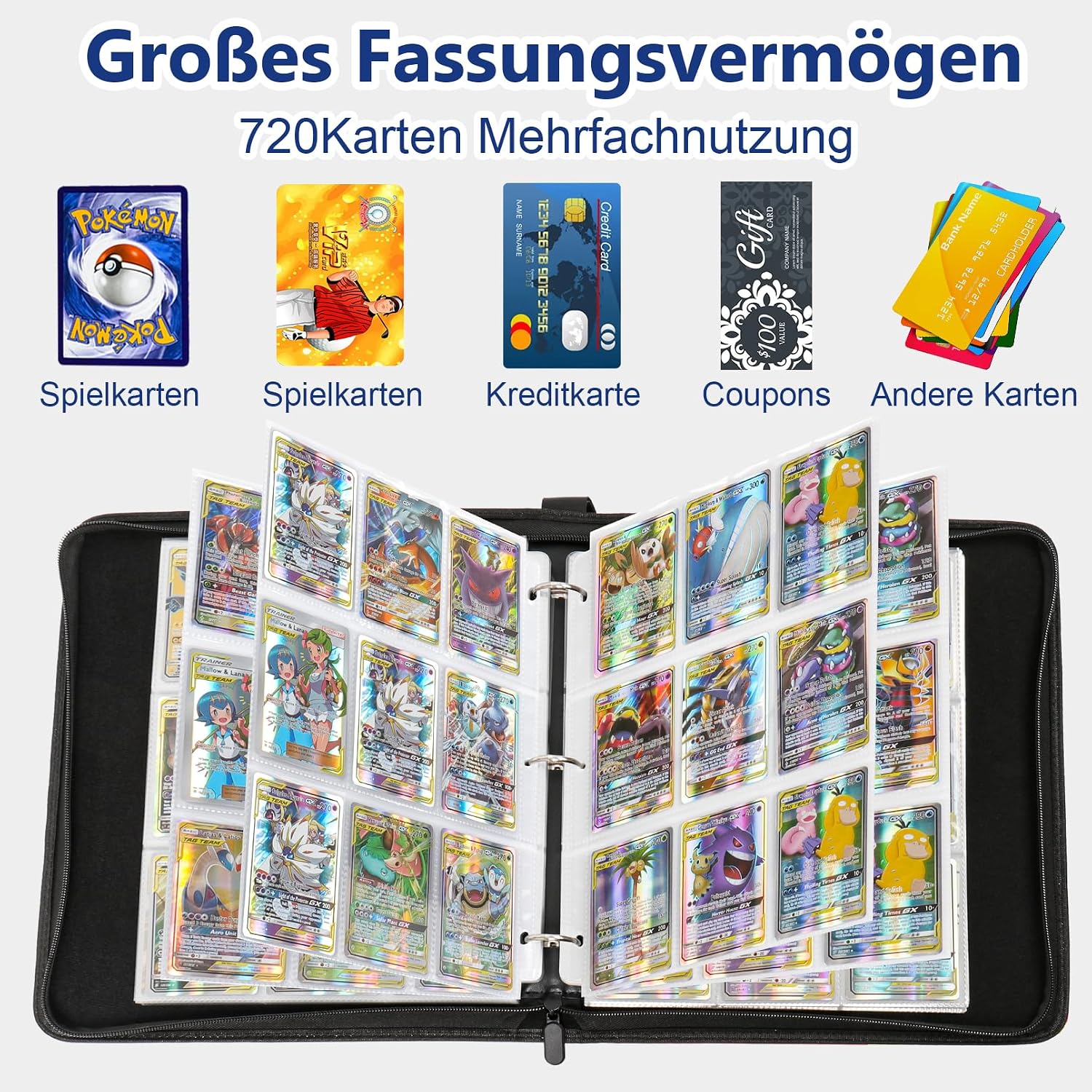 Detalle de Sammelalbum für Pokémon Karten – 50 Seiten, 900 Taschen, wasserdichtes PU Kartenhalter-Heft mit Reißverschluss