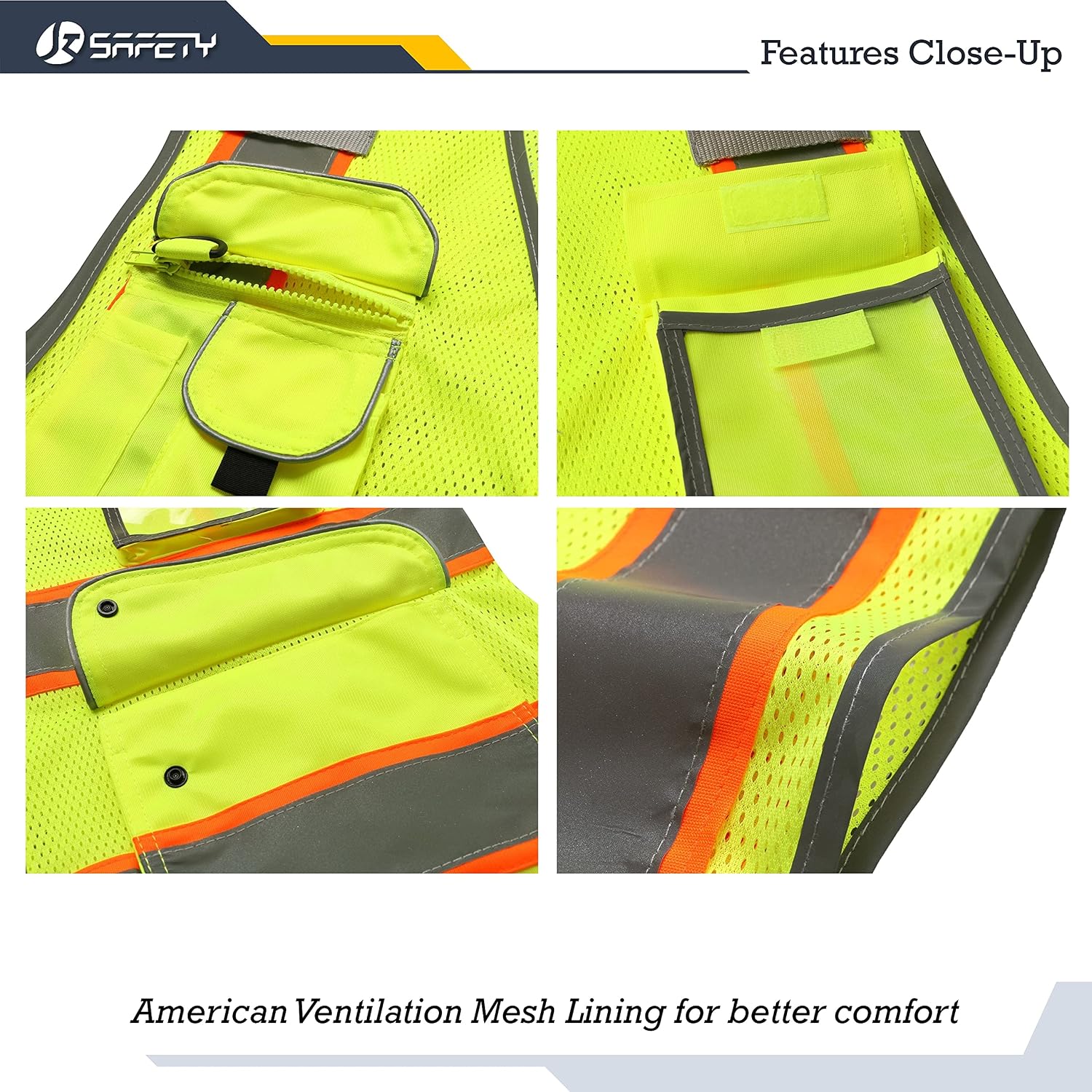 Detalle 2 de JKSafety 9-Pocket Hi-Vis Neon Yellow Zipper Front Mesh Safety Vest (ANSI/ISEA Class 2, 100-Yellow, Size L)
