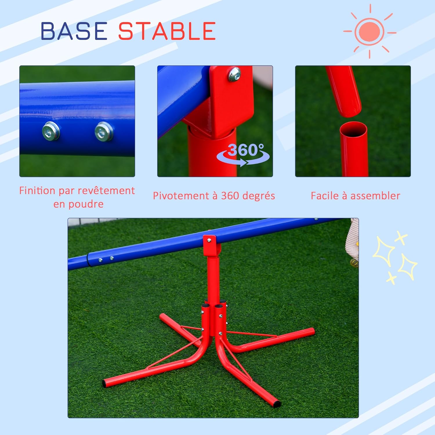 Detalle de Outsunny Balançoire à bascule avec rotation 360° pour enfants de 3 à 8 ans – cadre métal, pied 4 tiges (184 x 76 x 71 cm)
