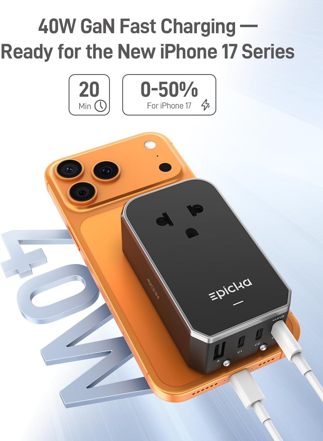 Detalle 2 de EPICKA Air 40W Universal Travel Adapter, 3 USB-C, USB-A and AC Outlet