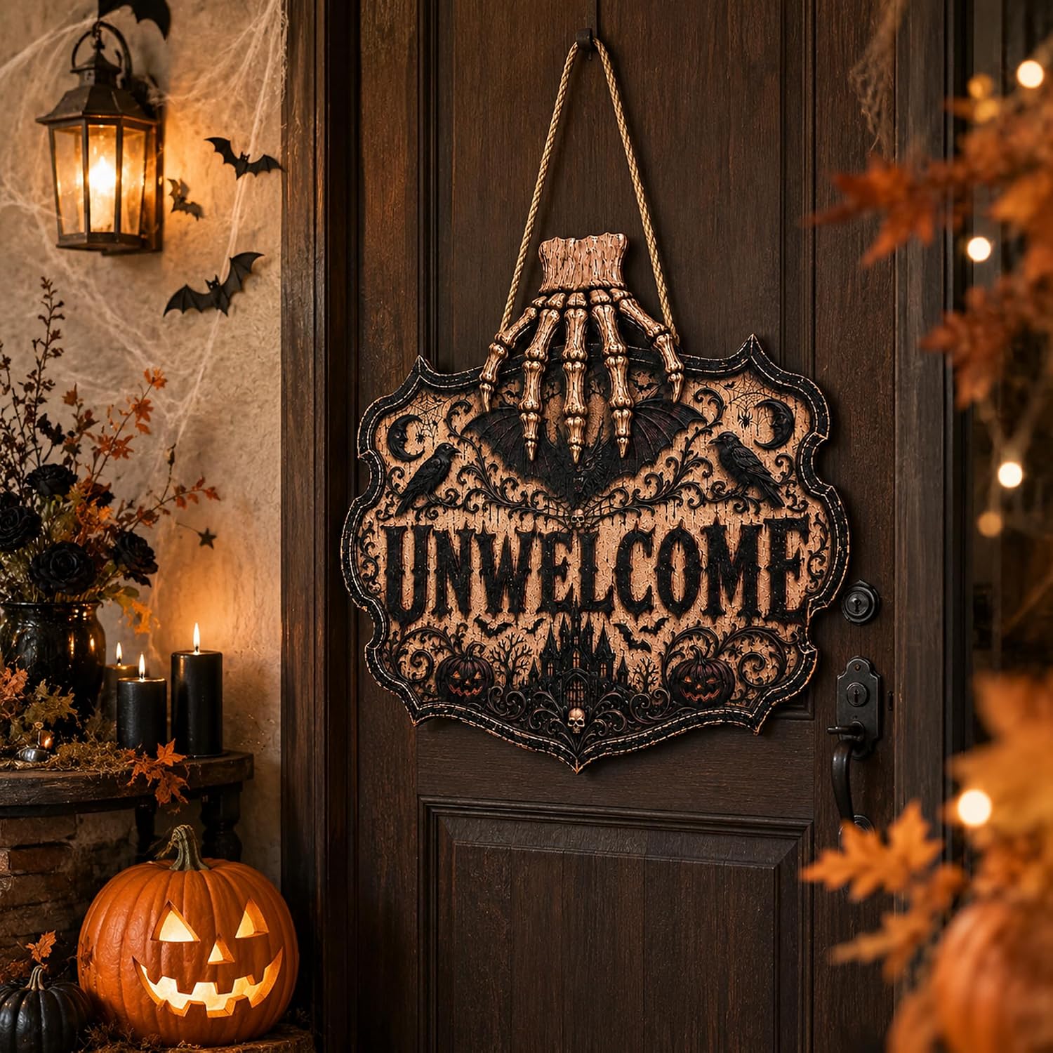 Detalle de OHOME Gothic Halloween Wooden Sign, 2D Printed Black Unwelcome Door Decor