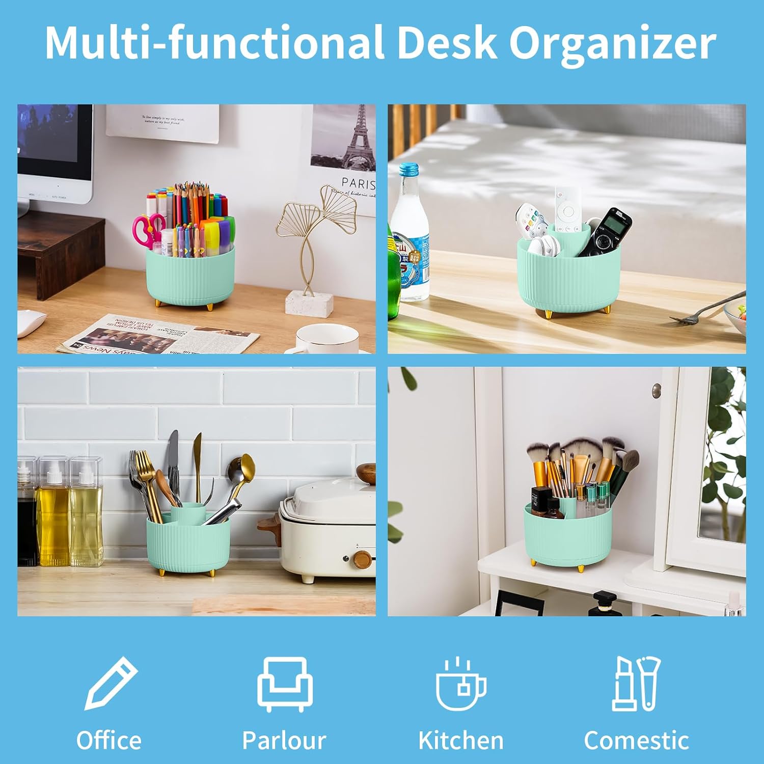 Detalle de Marbrasse Desk Organiser: 360-Degree Rotating Pen Holder with 5 Compartments in Mint Green