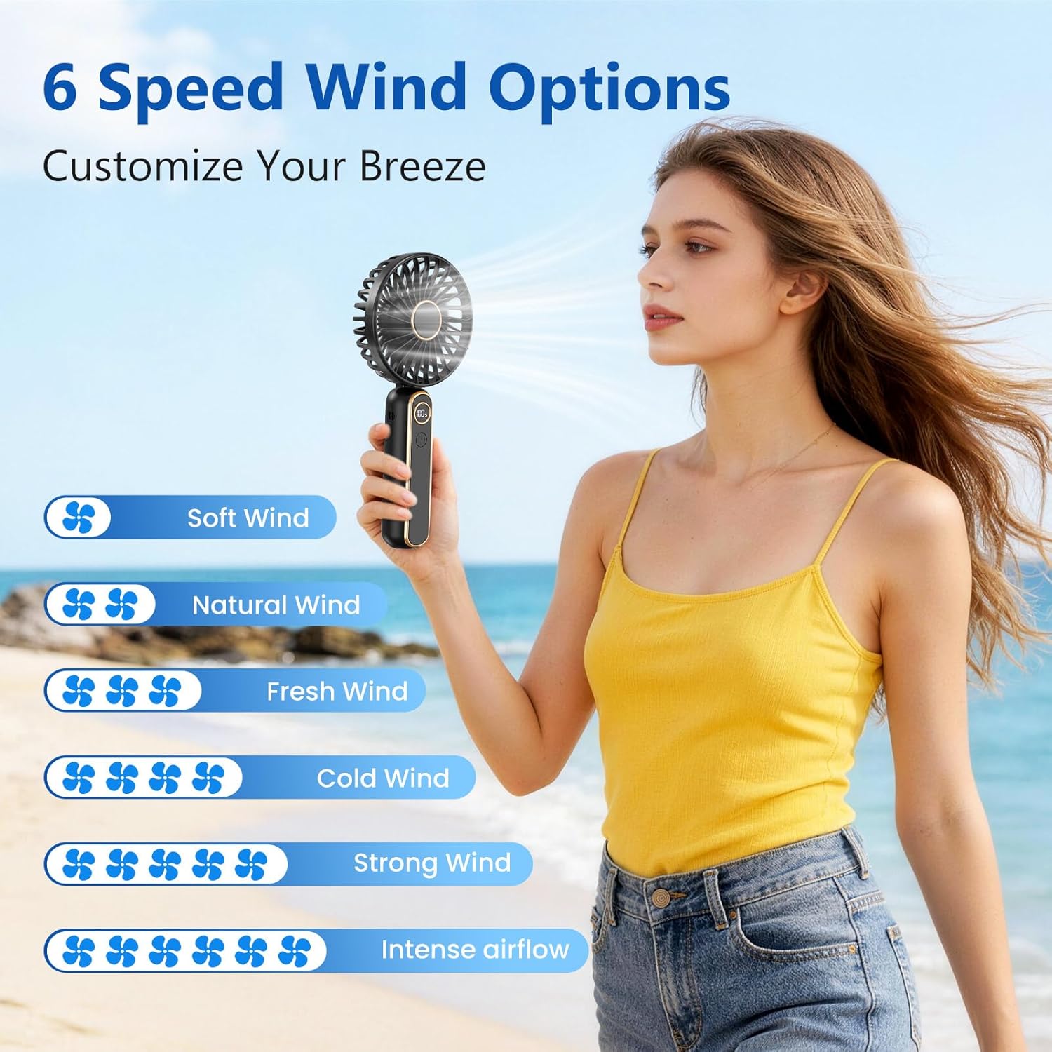 Detalle 2 de PALATALA Handheld Fan: Powerful 6-Speed Portable USB-C Fan with 4000mAh Battery and LED Display