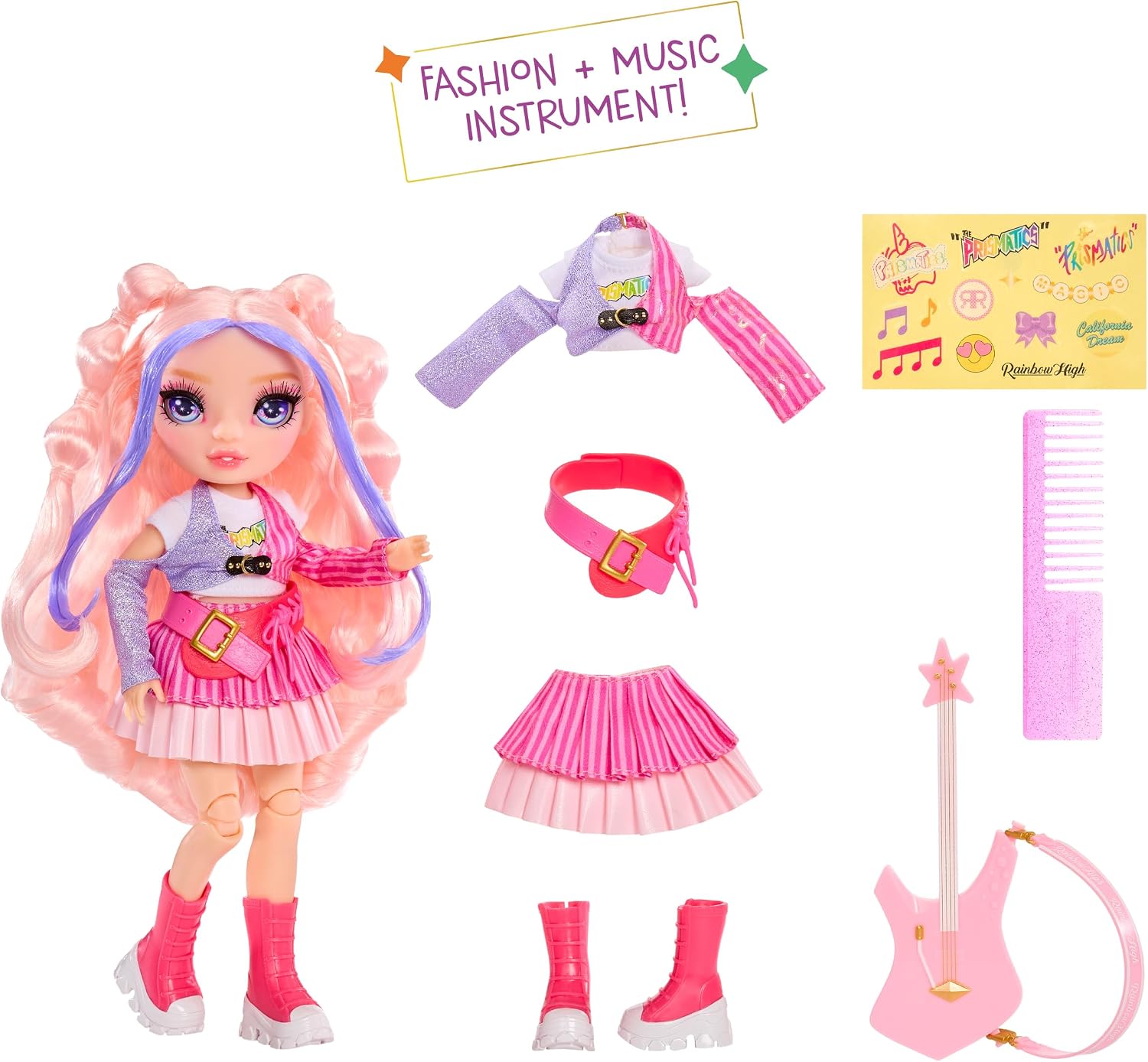 Detalle de Rainbow High Junior High Rock Band – Bella (Pink) Modepuppe mit Bassgitarre, 23 cm