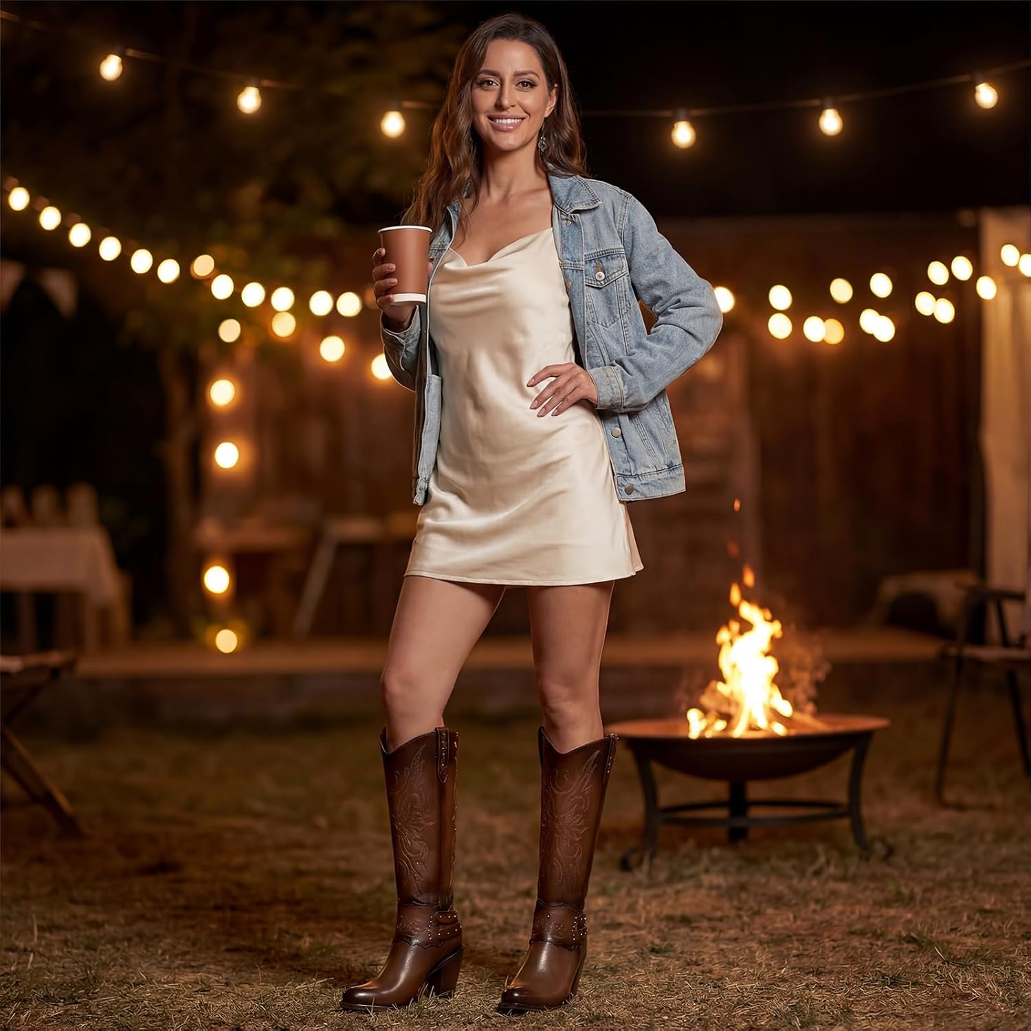 Thumbnail 1 de Rollda Cowboy Boots for Women: Knee-High Western Boots with Embroidery, Crystals, and Zipper