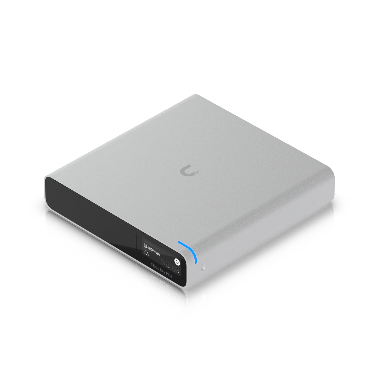 Detalle de Ubiquiti CloudKey Plus ARM Cortex: gestión centralizada de redes en aluminio con almacenamiento y OLED