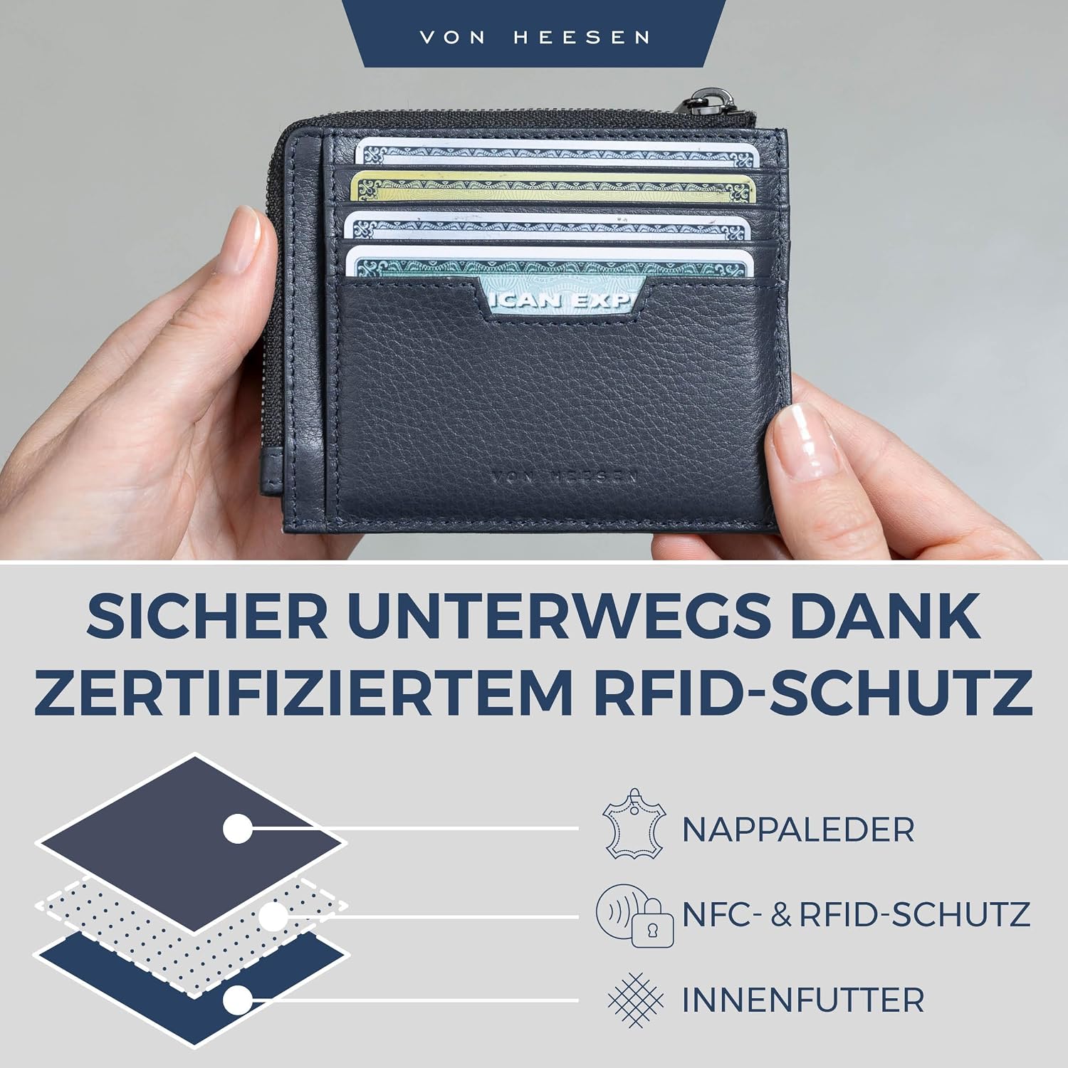Detalle de VON HEESEN Leder Kartenetui Geldbörse – Medium, Dunkelblau