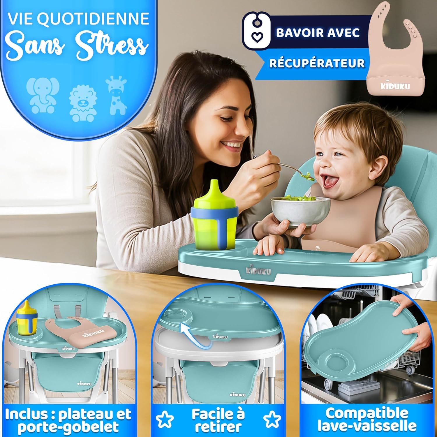 Thumbnail 3 de KIDUKU Chaise haute bébé 3-en-1 turquoise avec réducteur nouveau-né et arche de jeu