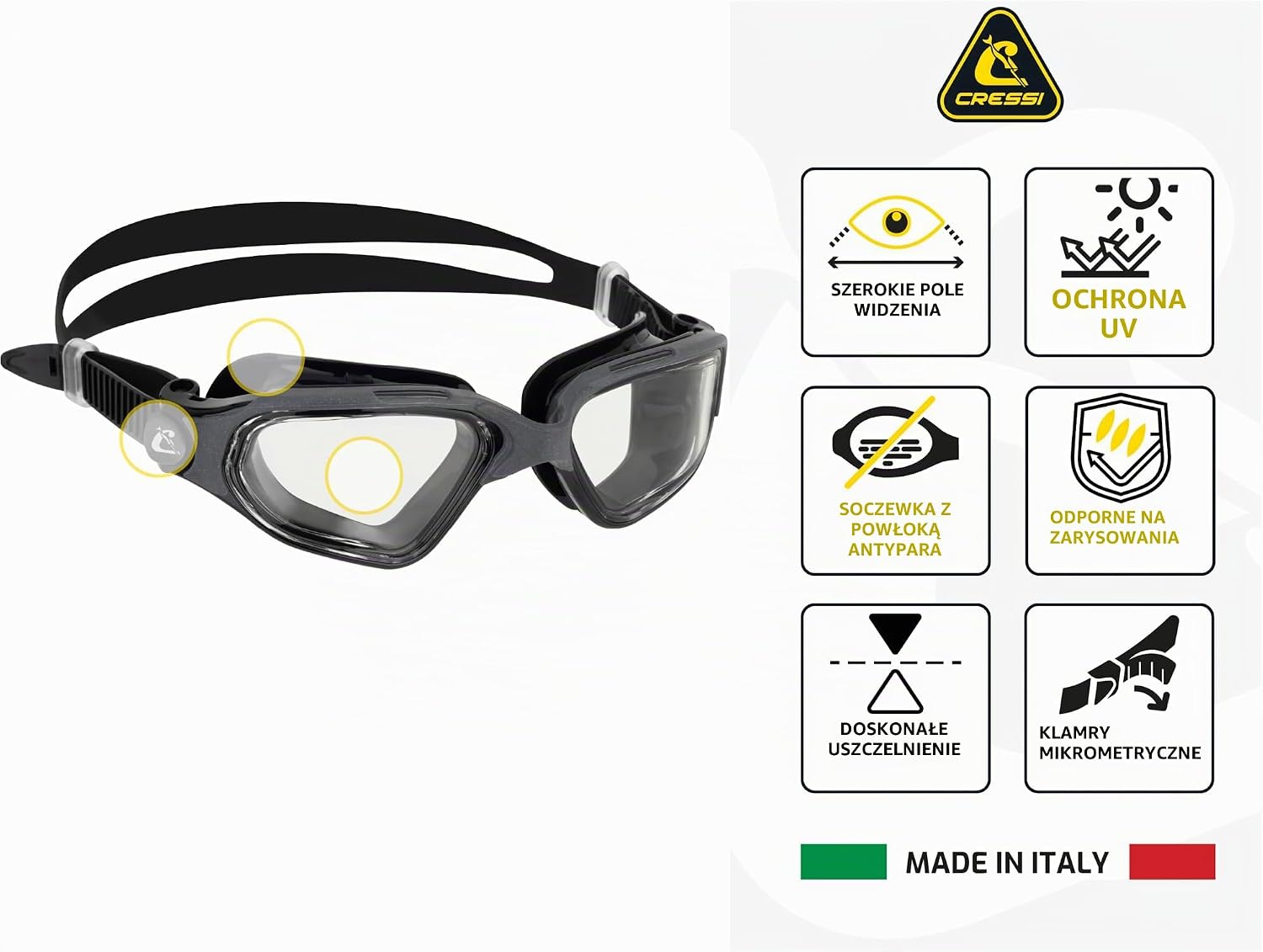 Detalle de CRESSI Clear Eyes – okulary pływackie z silikonową uszczelką i powłoką przeciwmgielną