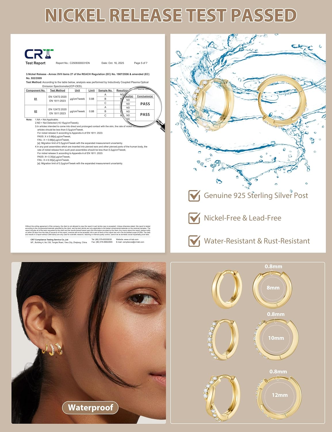 Thumbnail 6 de MACACHII — 3 paires de créoles argent 925 plaqué or 14K, hypoallergéniques avec zircons