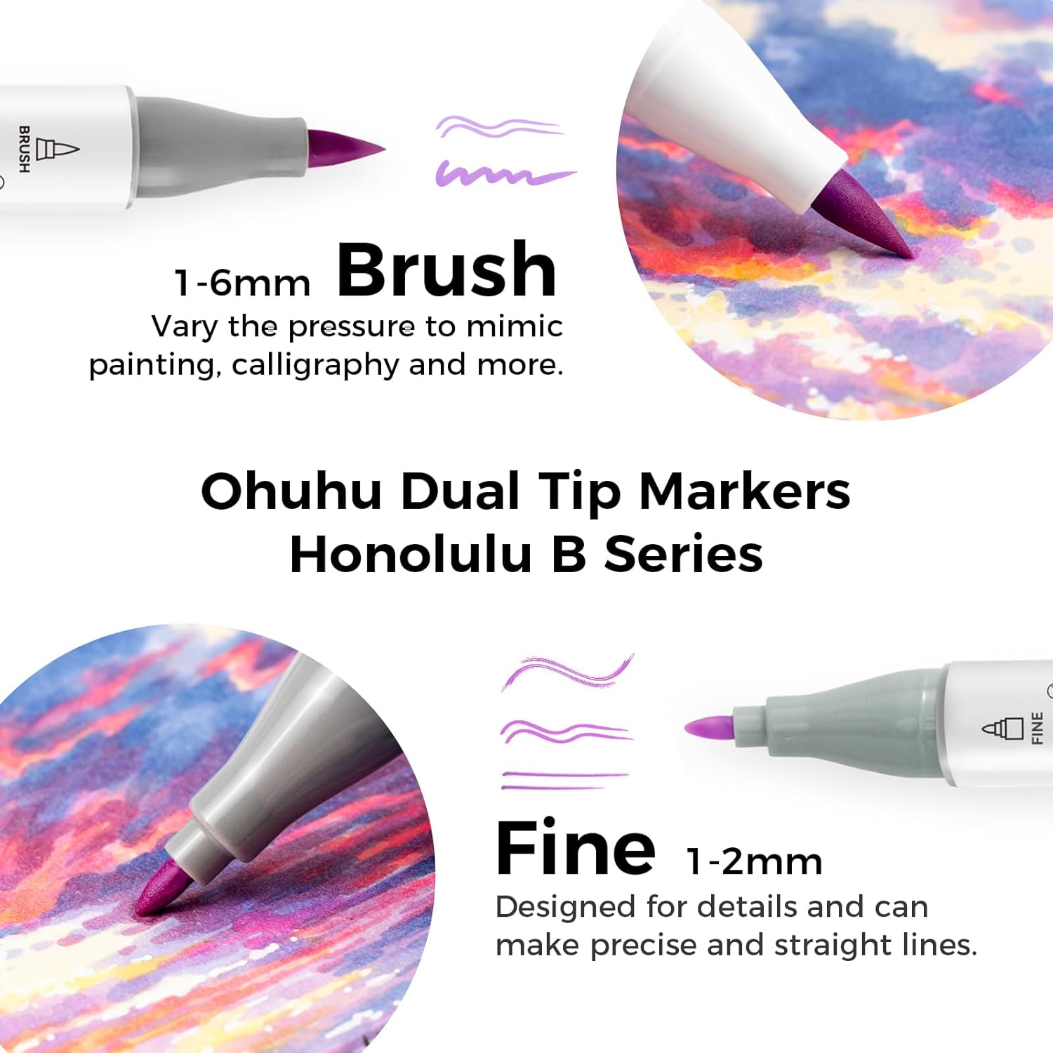 Thumbnail 1 de Ohuhu 104-Color Alcohol Markers Brush Tip Set – Dual Tip, Refillable with Case