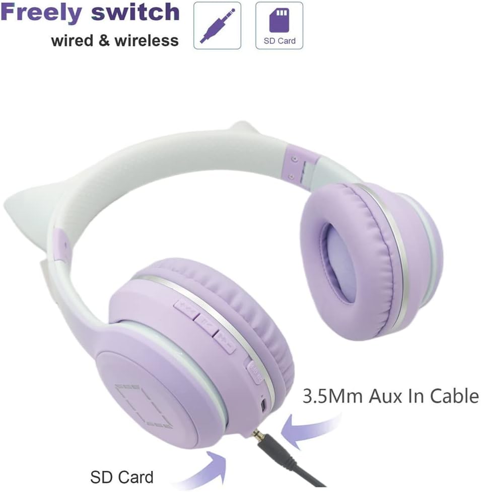 Detalle de Usoun Casque Audio Enfant Bluetooth – Bluetooth 5.0, LED, volume limité à 85 dB, casque pliable avec micro