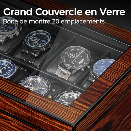 Detalle de BEWISHOME Boîte à Montres — 20 Emplacements, Boite à Montre Homme avec Couvercle en Verre