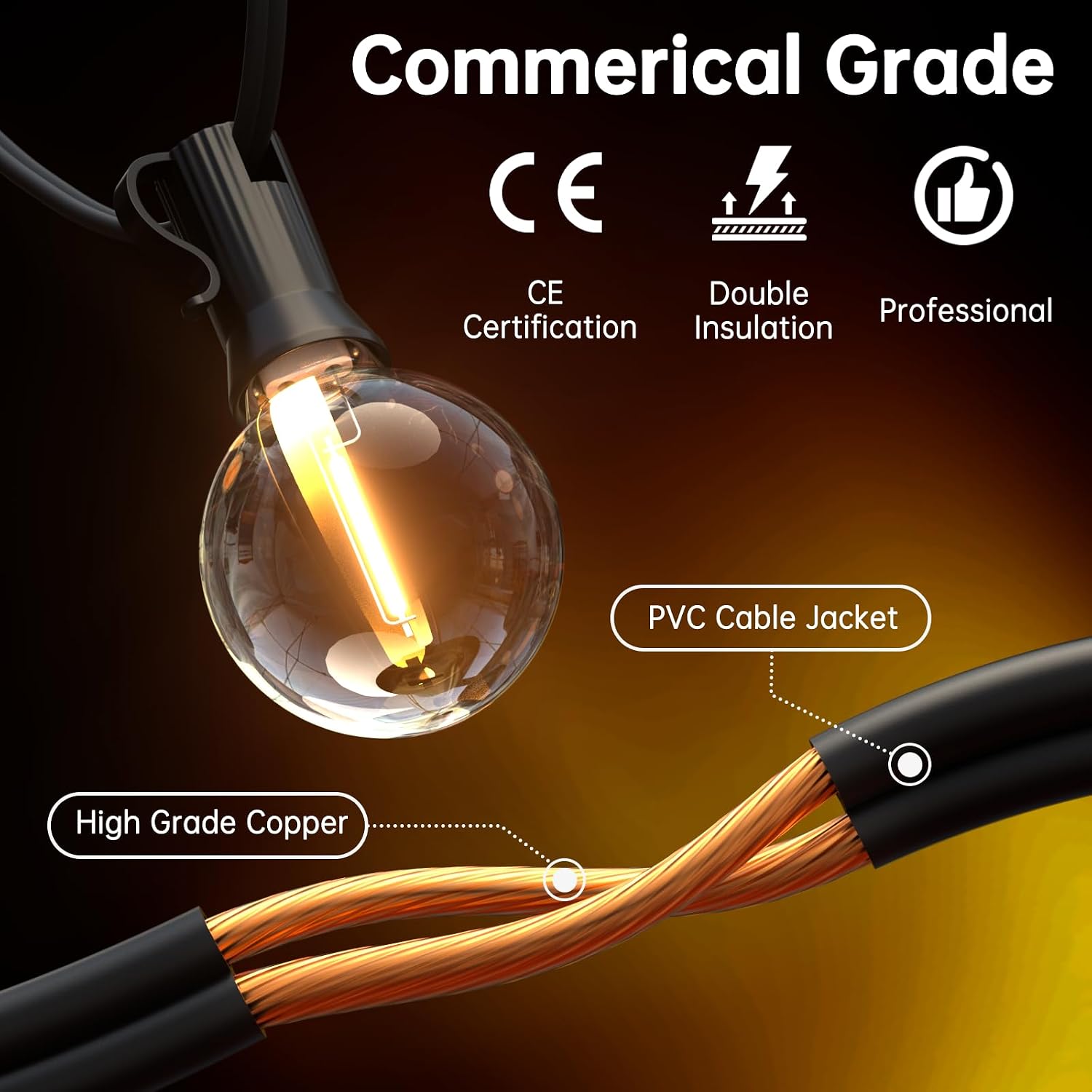 Detalle de SON4SUN Lichterkette für außen (10 m) mit 25+3 G40 LEDs, IP44, warmweiß – anschließbar