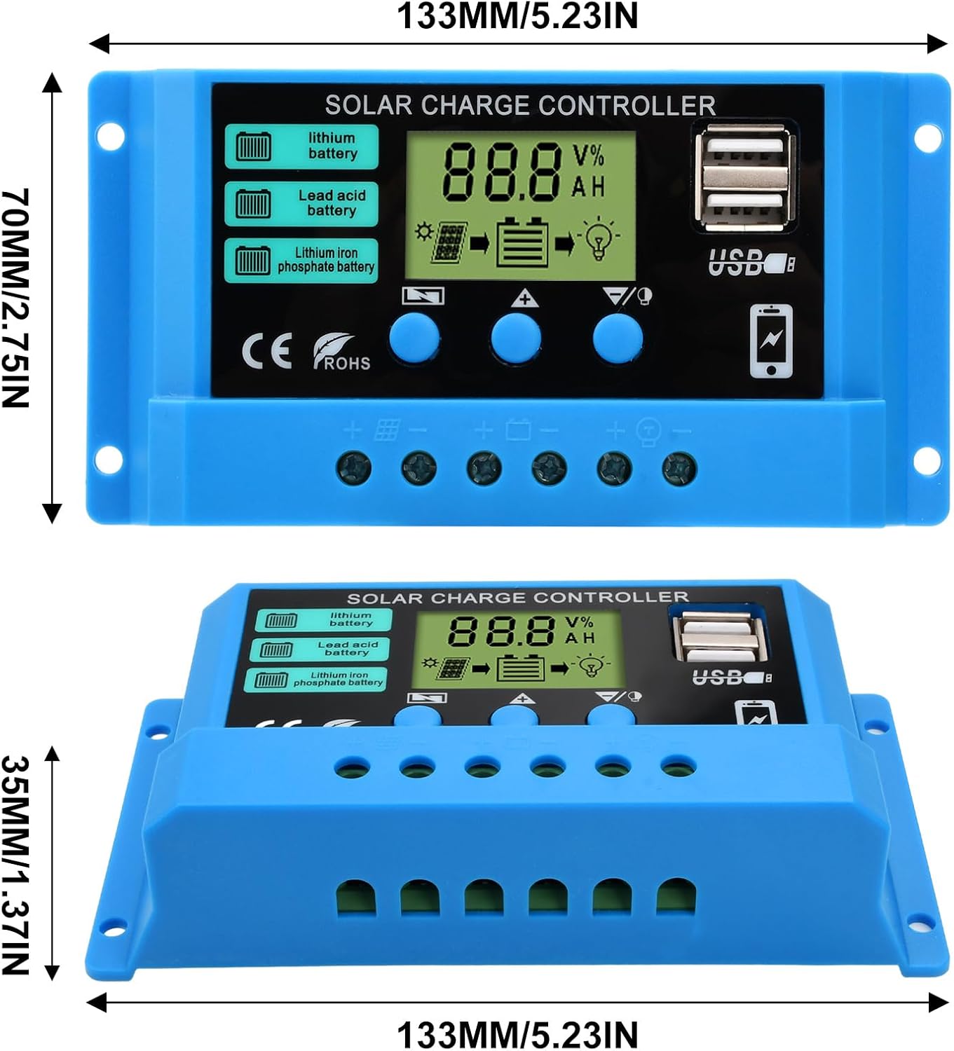 Detalle 2 de diymore 30 A solcellsladdningsregulator för 12 V/24 V med LCD och USB