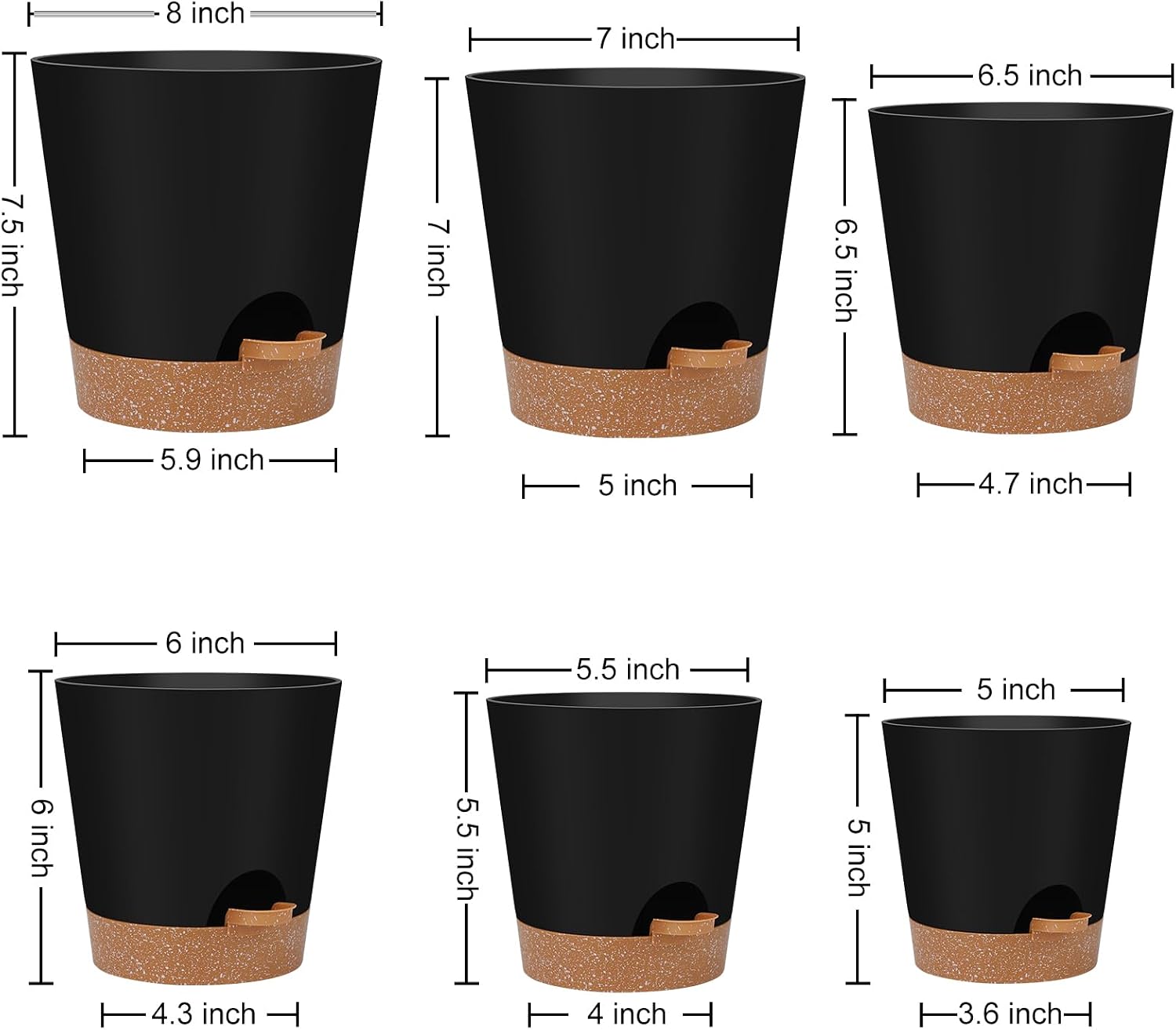 Detalle de YNNICO 6-Piece Self-Watering Planter Set, Black Plastic Pots, 5–8 Inches